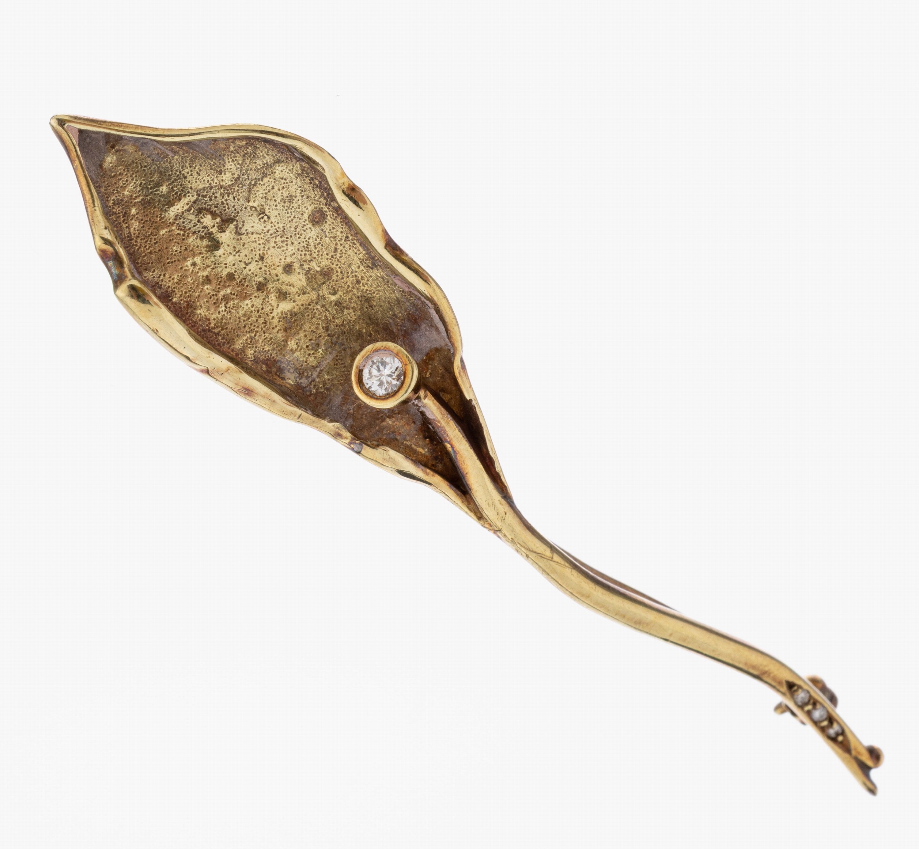 Image 27087324 - 14 kt Gold Brillant-Brosche, GG 585/000, abstrakt florales Design, 4 Brillanten zus. ...