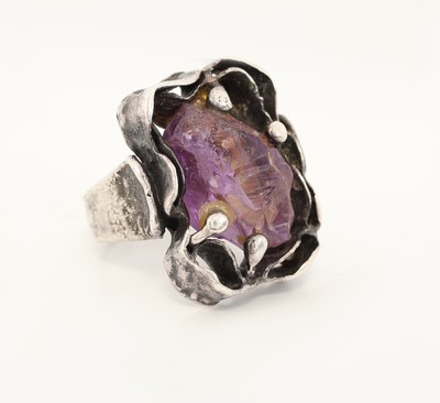 27087305a - Amethyst-Schmuckset, 835er Silber, abstraktes Design, best. aus: 1 Ring, RW 58, und 1 ...