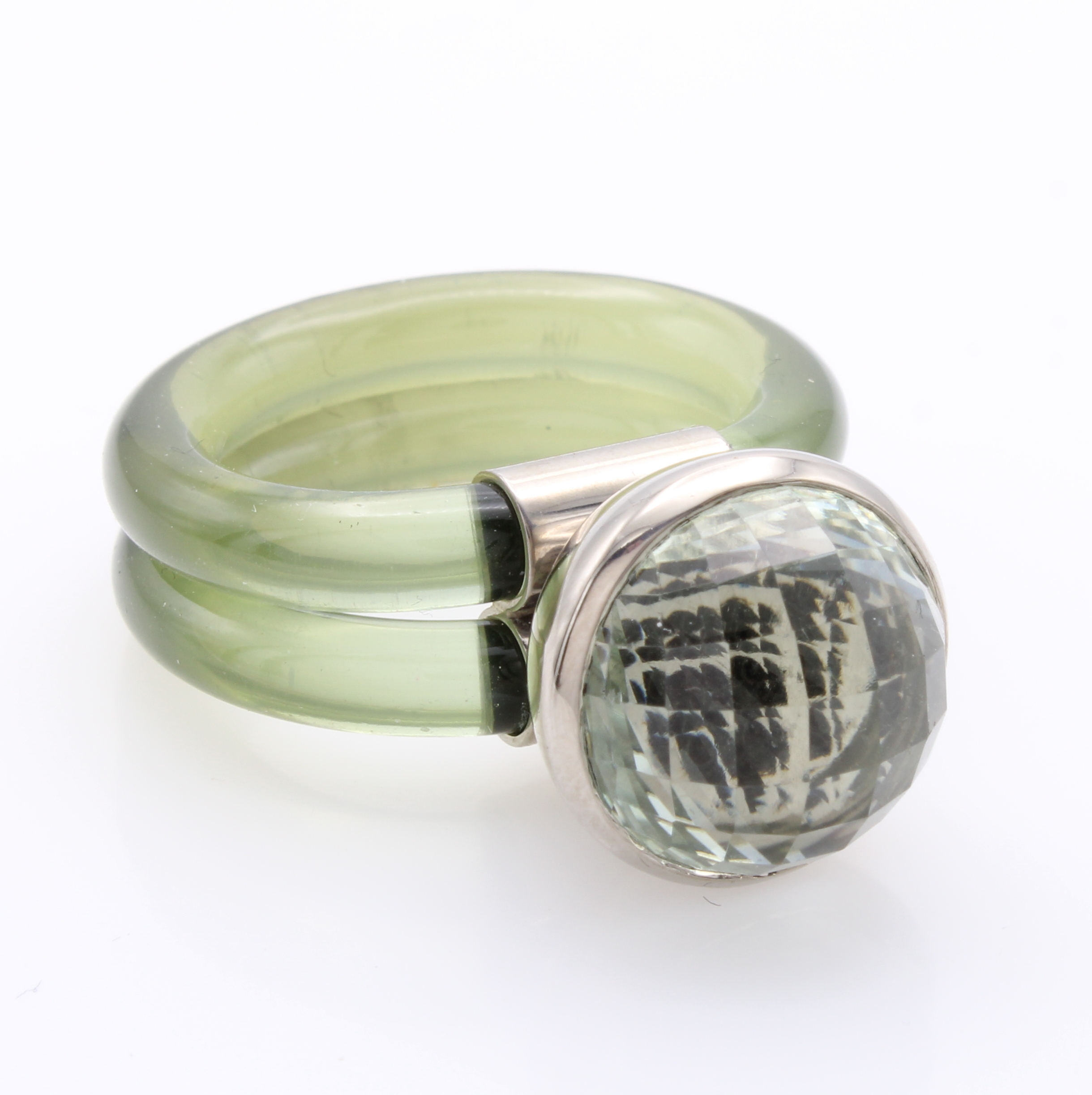 Image 27087784 - Ring mit Prasiolith, WG 750/000, 2-rhg. Kautschukschiene, Prasiolith im Schachbrett- ...