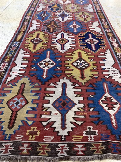 27087738h - Kuba Kelim antik, Kaukasus, 19.Jhd, Wolle auf Wolle, ca. 370 x 175 cm, EHZ: 2, (alte ...