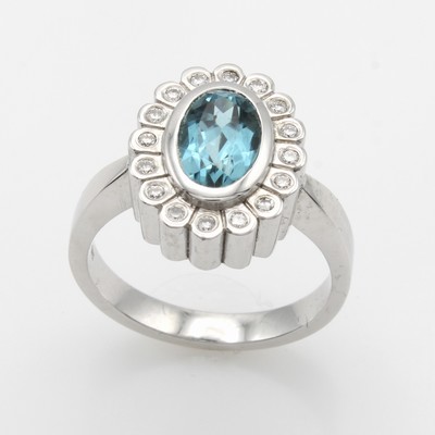 27087782b - Ring mit Aquamarin und Diamanten, WG 585/000, Aquamarin ca. 1 ct umgeben v. Diam. zus. ...