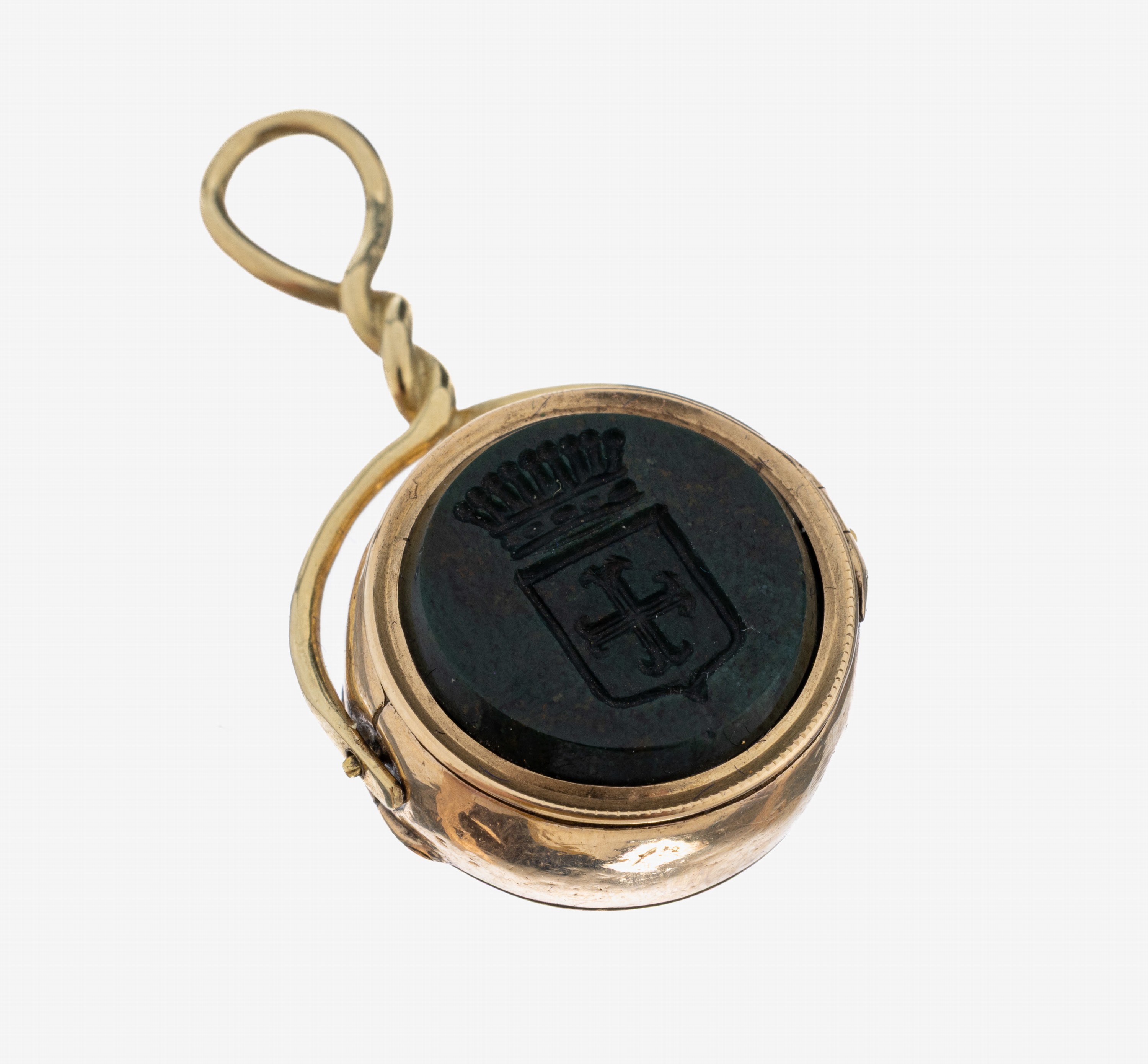 Detail a: 14 kt Gold Medaillon-Anhänger, GG 585/000, mittig drehbares Element, beide Seiten aufklappbar mit Medaillon, 1 Seite mit Lagenachat, Intaglio eines ...