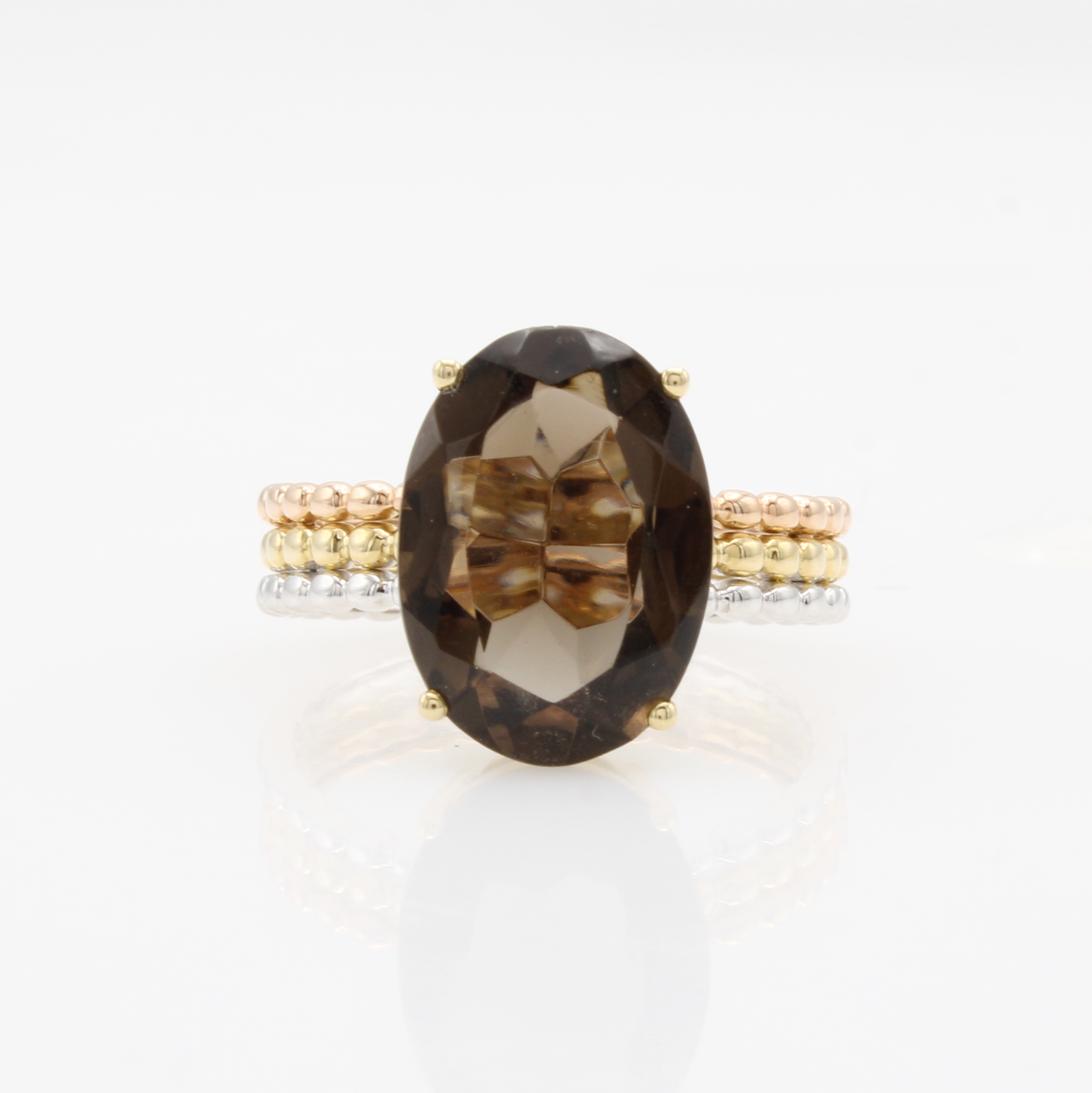 Image 27088559 - Ring mit Rauchquarz, GG/WG/RG 585/000, Ring-schiene m. kl. Goldkügelchen, Quarz ca. ...