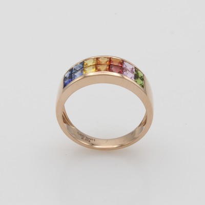 27088538a - Ring ´Rainbow´ mit Saphiren, RoséG 585/000, 14 bunte Saphircarrées zus. ca. 2.03 ct, ...