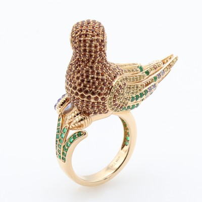27088545b - Ring ´Papagei´ mit Farbsteinen, Diamanten und Brillanten, RoséG 750/000, 18 Brill. ...