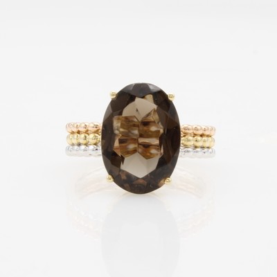 Image Ring mit Rauchquarz, GG/WG/RG 585/000, Ring-schiene m. kl. Goldkügelchen, Quarz ca. ...