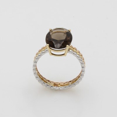 27088559a - Ring mit Rauchquarz, GG/WG/RG 585/000, Ring-schiene m. kl. Goldkügelchen, Quarz ca. ...