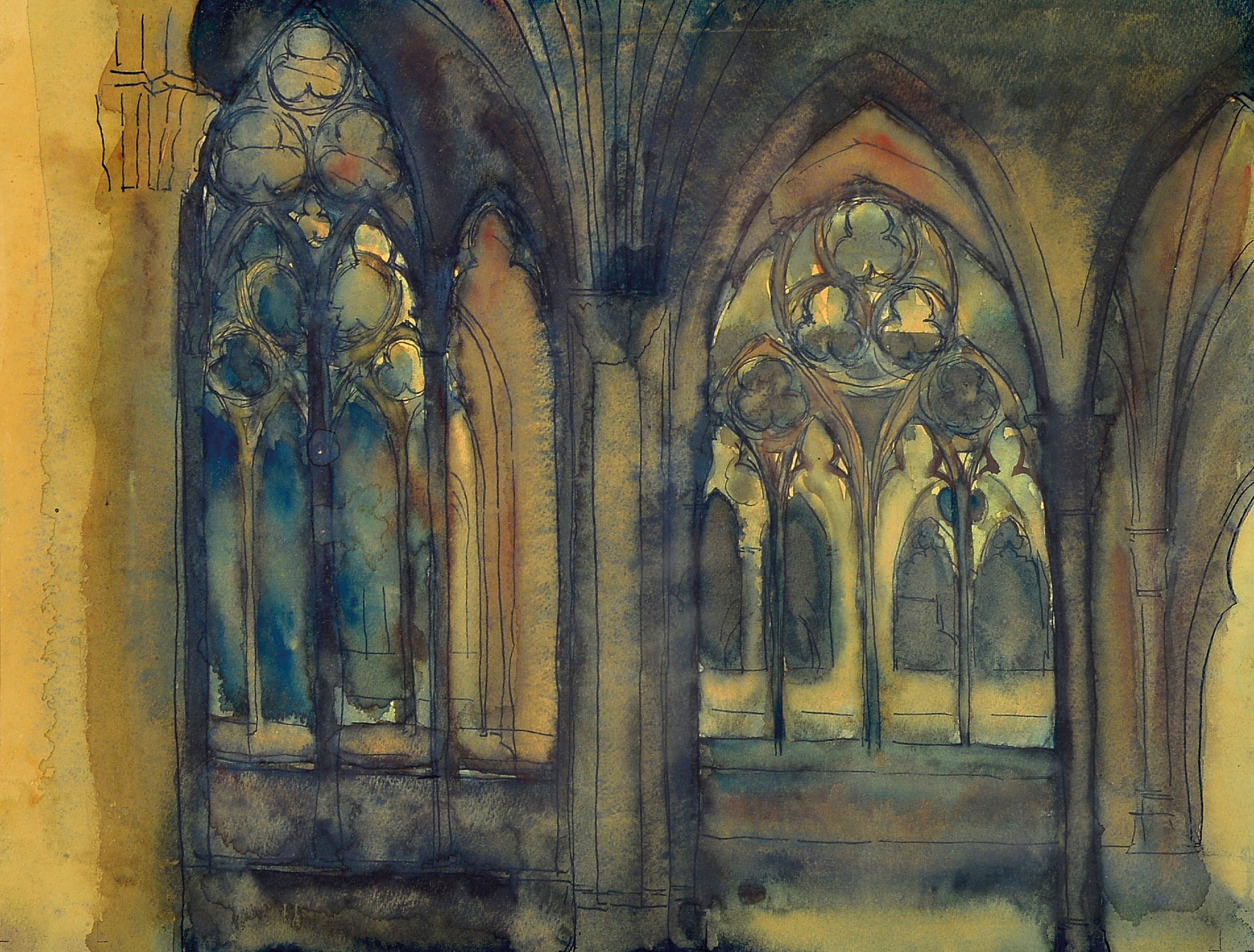 Image 27088781 - Hanns Fay, 1888 Frankenthal-1957 Neustadt, Kircheninterieur, Tusche und Aquarell, rechts ...