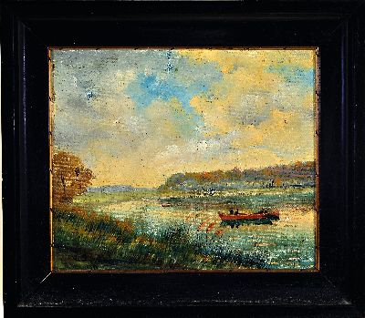 27088784k - Max Staudinger, datiert 1914, Bootsausflug auf einem Fluss, Öl/Malkarton, links unten ...