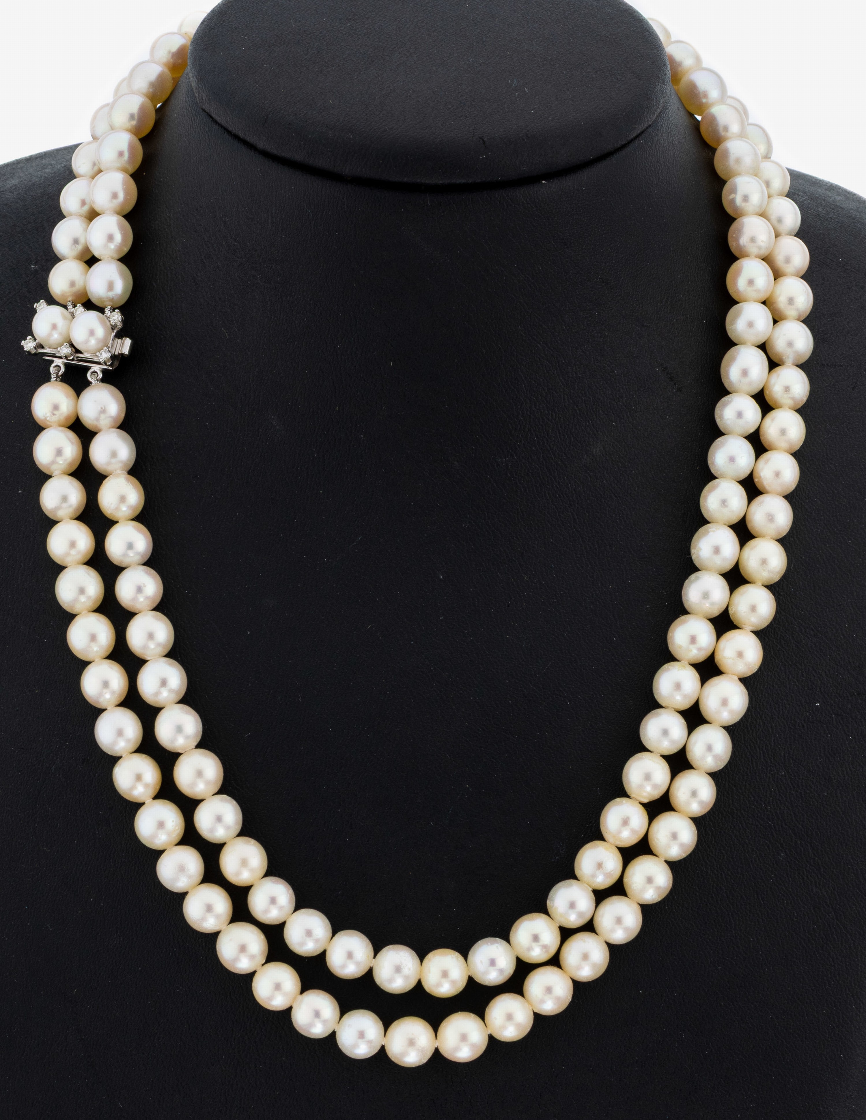 Image 27089450 - Perl-Collier mit 14 kt Gold Diamant-Schließe, WG 585/000, 2-rhg. Akoyazuchtperlen, D. ...