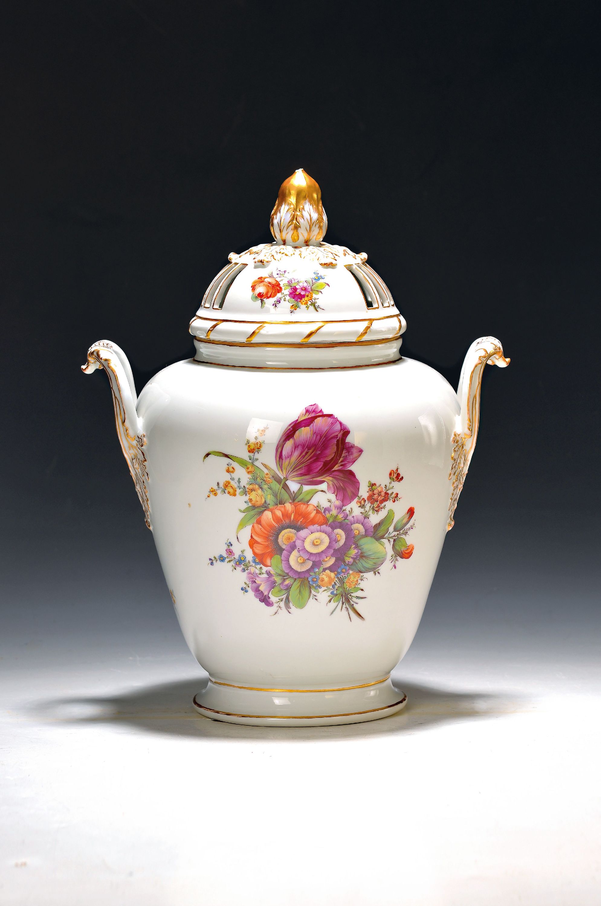 Image 27090987 - Large potpourri vase, Fürstenberg, 20th century, porcelain, colorful floral bouquet ...
