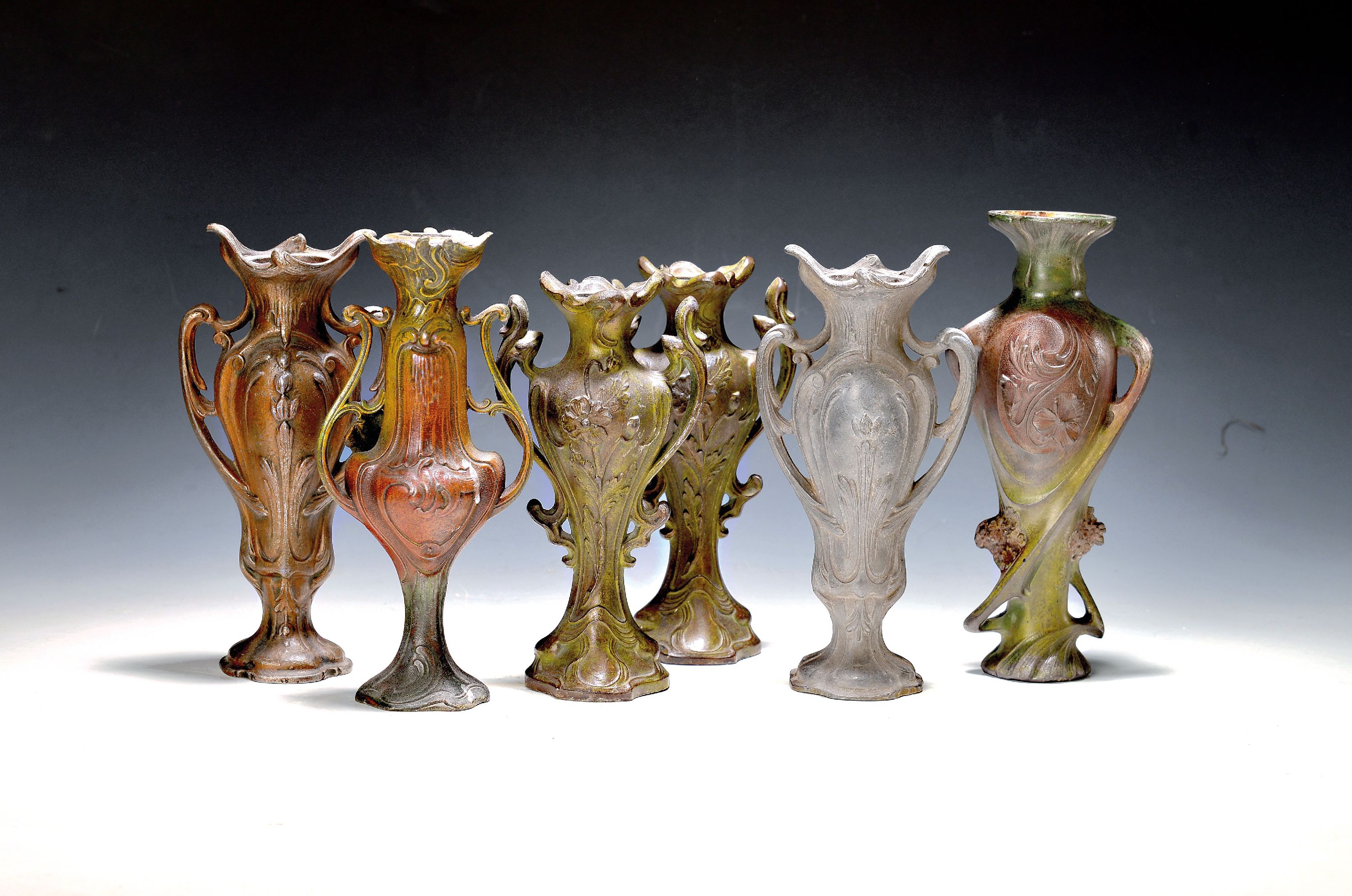 Image 27091084 - 6 small decorative vases, France, around 1900,Art Nouveau, cast metal rich relief with ...