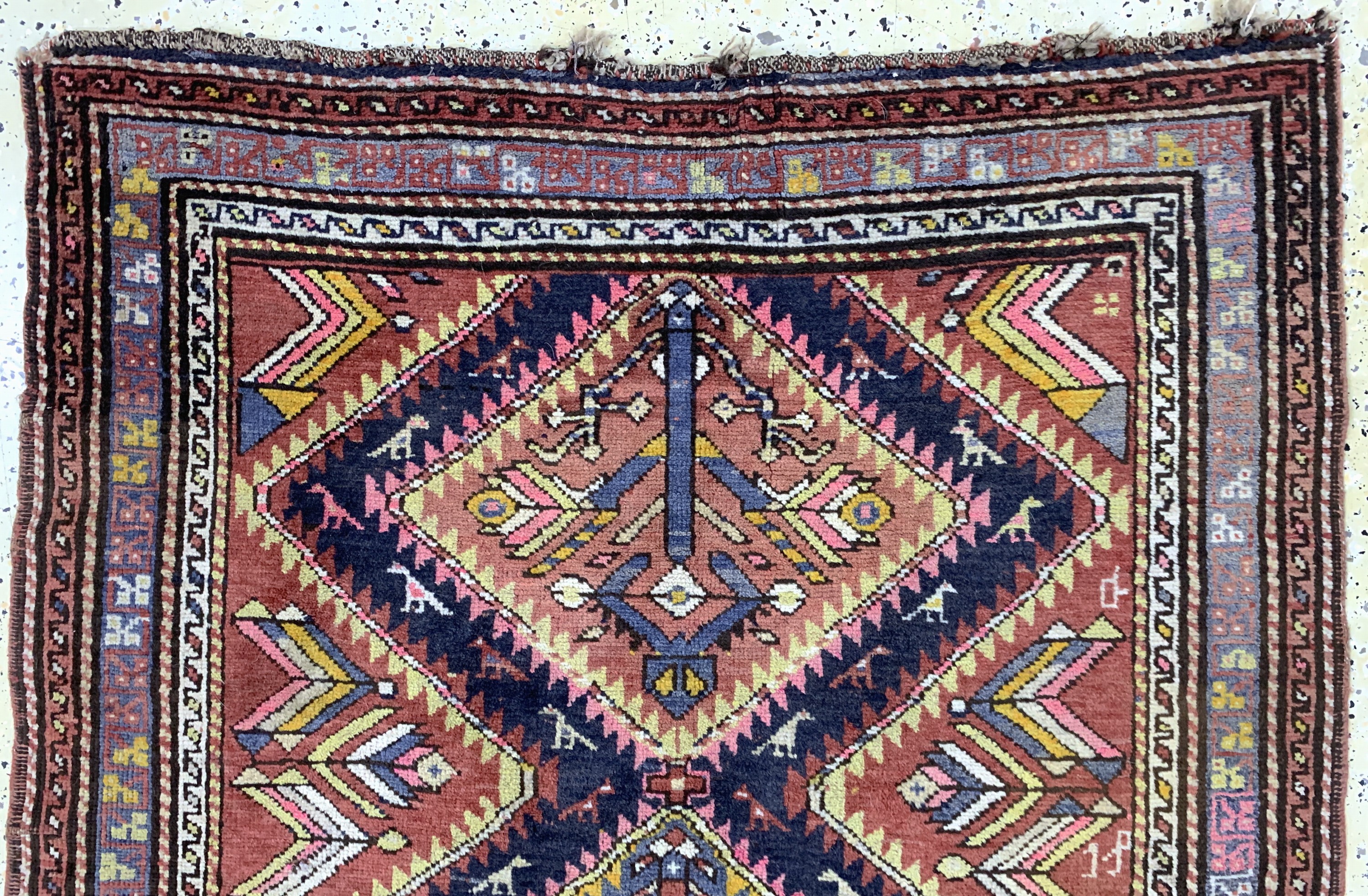 Detail a: Kazak alt, Kaukasus, Anfang 20.Jhd, Wolle auf Wolle, ca. 230 x 125 cm, Mottenfraß, EHZ: 2