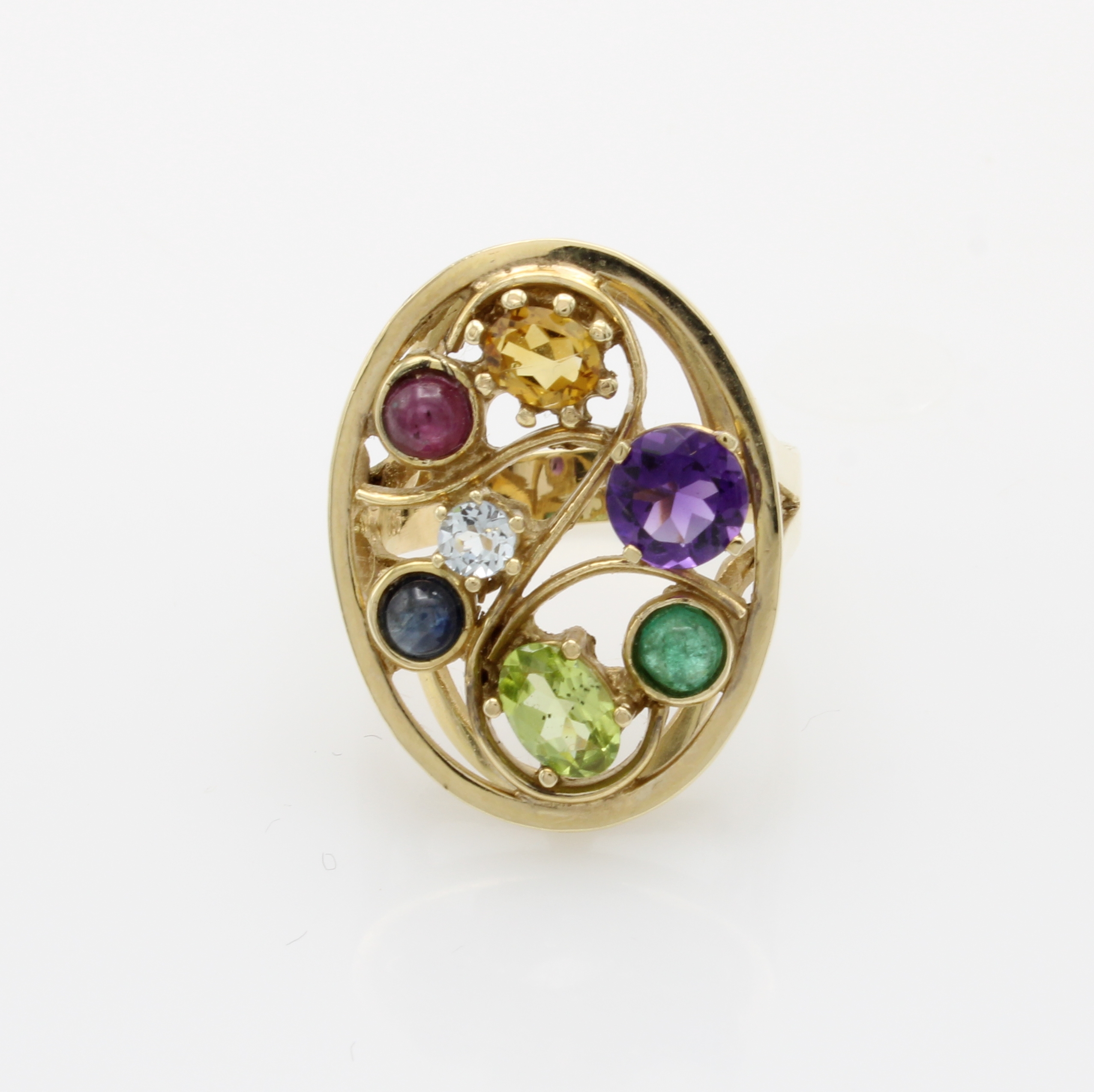 Image 27091439 - Ring mit Farbsteinen, GG 585/000, ovaler Ringkopf bes. m. Rubin, Saphir, Smaragd, ...