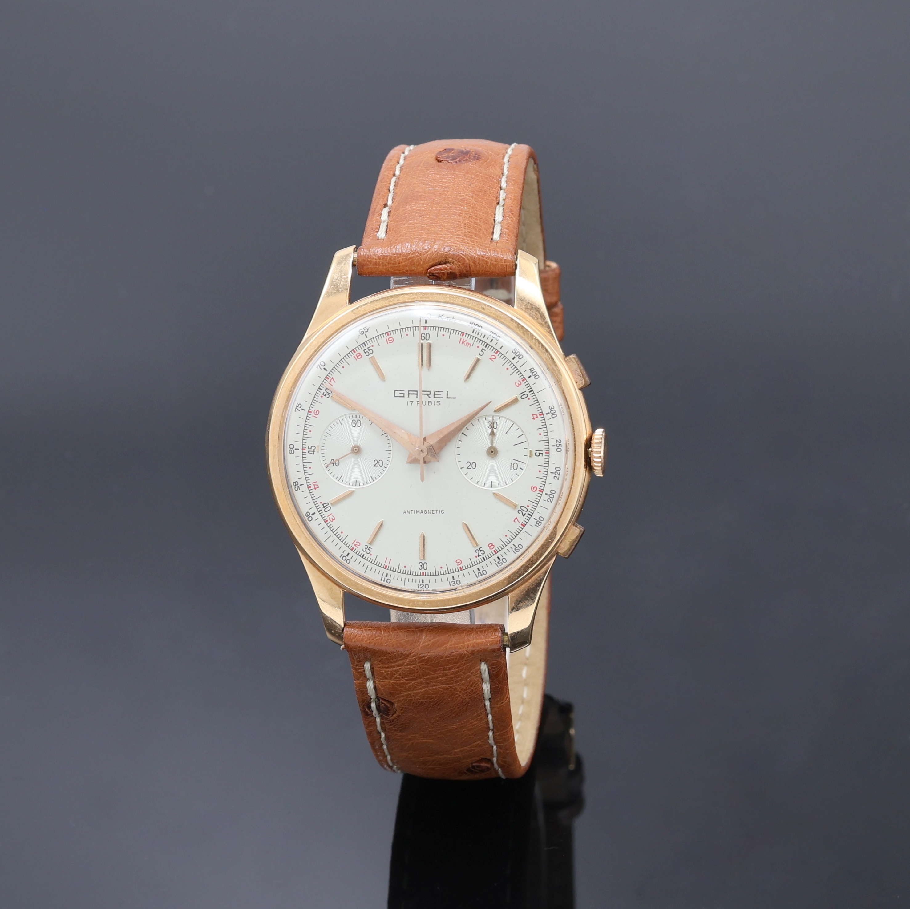 GAREL Schaltradchronograph Kaliber Valjoux 23 in RG 750/000, Schweiz um 1950, Handaufzug, 3-teil. Geh., Boden (dell.) und Glasrand aufgedr., silb. ...