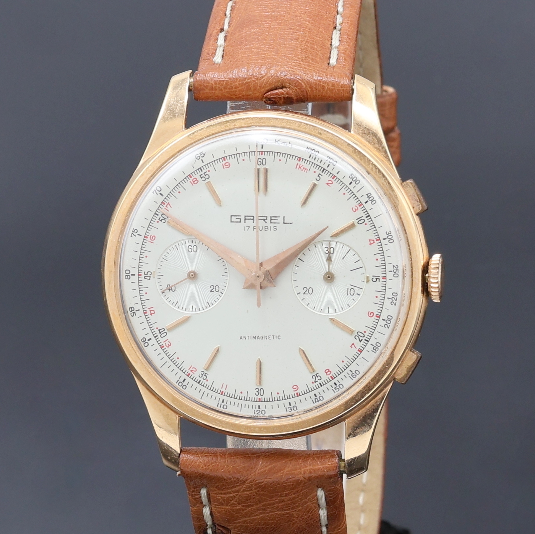 Detail a: GAREL Schaltradchronograph Kaliber Valjoux 23 in RG 750/000, Schweiz um 1950, Handaufzug, 3-teil. Geh., Boden (dell.) und Glasrand aufgedr., silb. ...