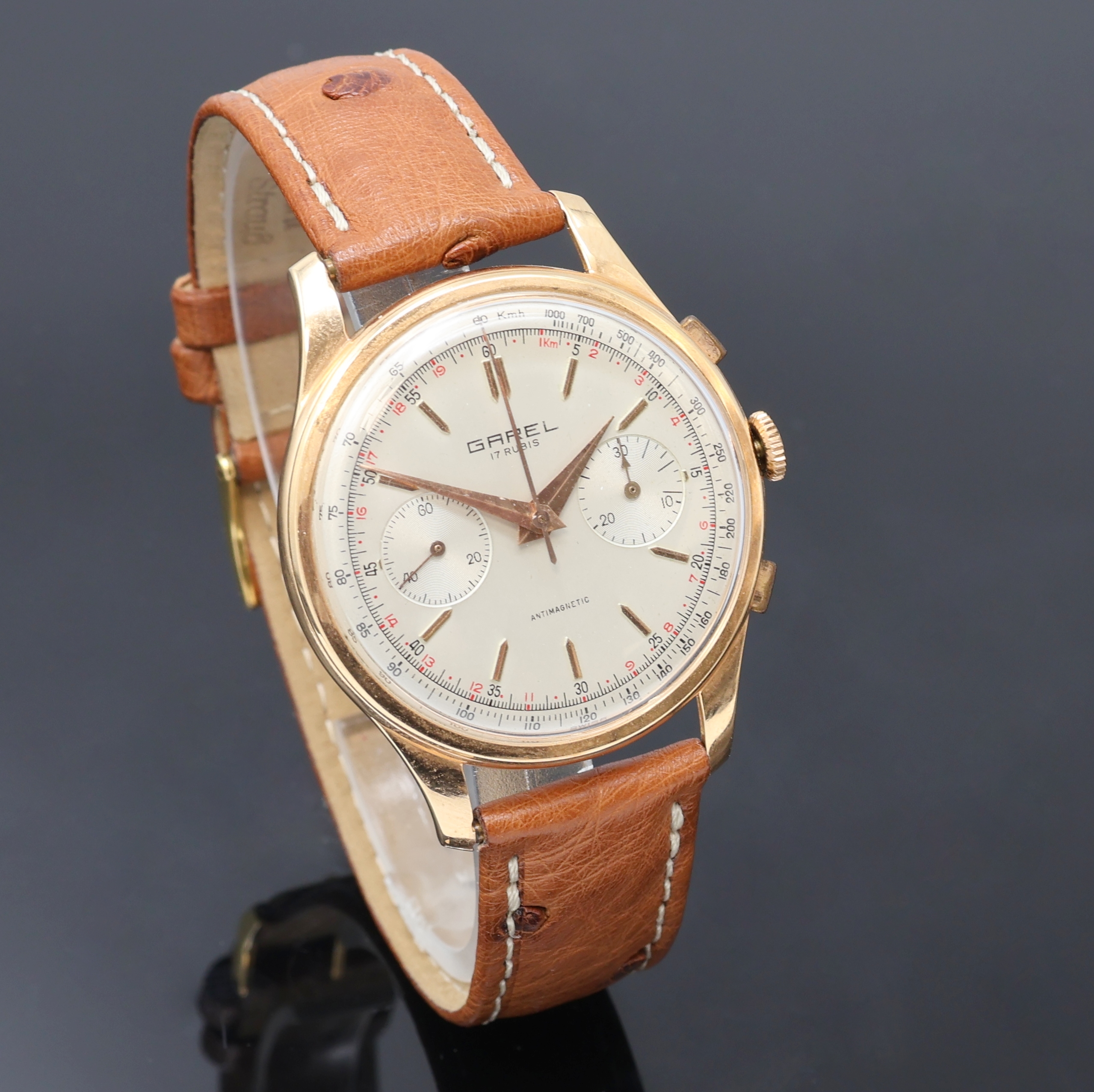 Detail b: GAREL Schaltradchronograph Kaliber Valjoux 23 in RG 750/000, Schweiz um 1950, Handaufzug, 3-teil. Geh., Boden (dell.) und Glasrand aufgedr., silb. ...