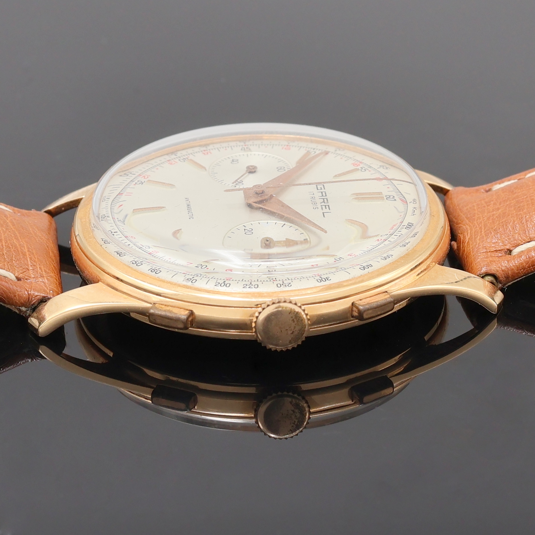 Detail c: GAREL Schaltradchronograph Kaliber Valjoux 23 in RG 750/000, Schweiz um 1950, Handaufzug, 3-teil. Geh., Boden (dell.) und Glasrand aufgedr., silb. ...