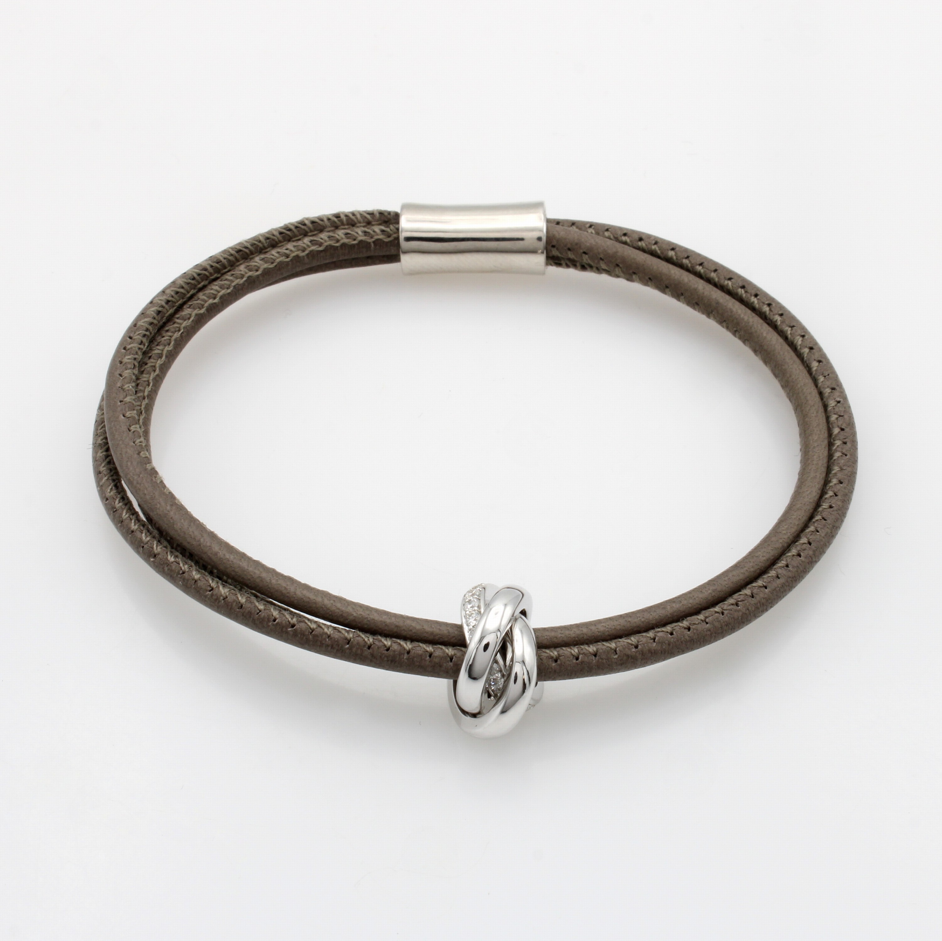 Image 27091497 - 3-reihiges Lederarmband mit Brillanten, WG 750/000, taupefarb. Leder, drei ineinander ...