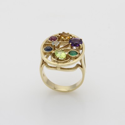 27091439a - Ring mit Farbsteinen, GG 585/000, ovaler Ringkopf bes. m. Rubin, Saphir, Smaragd, ...