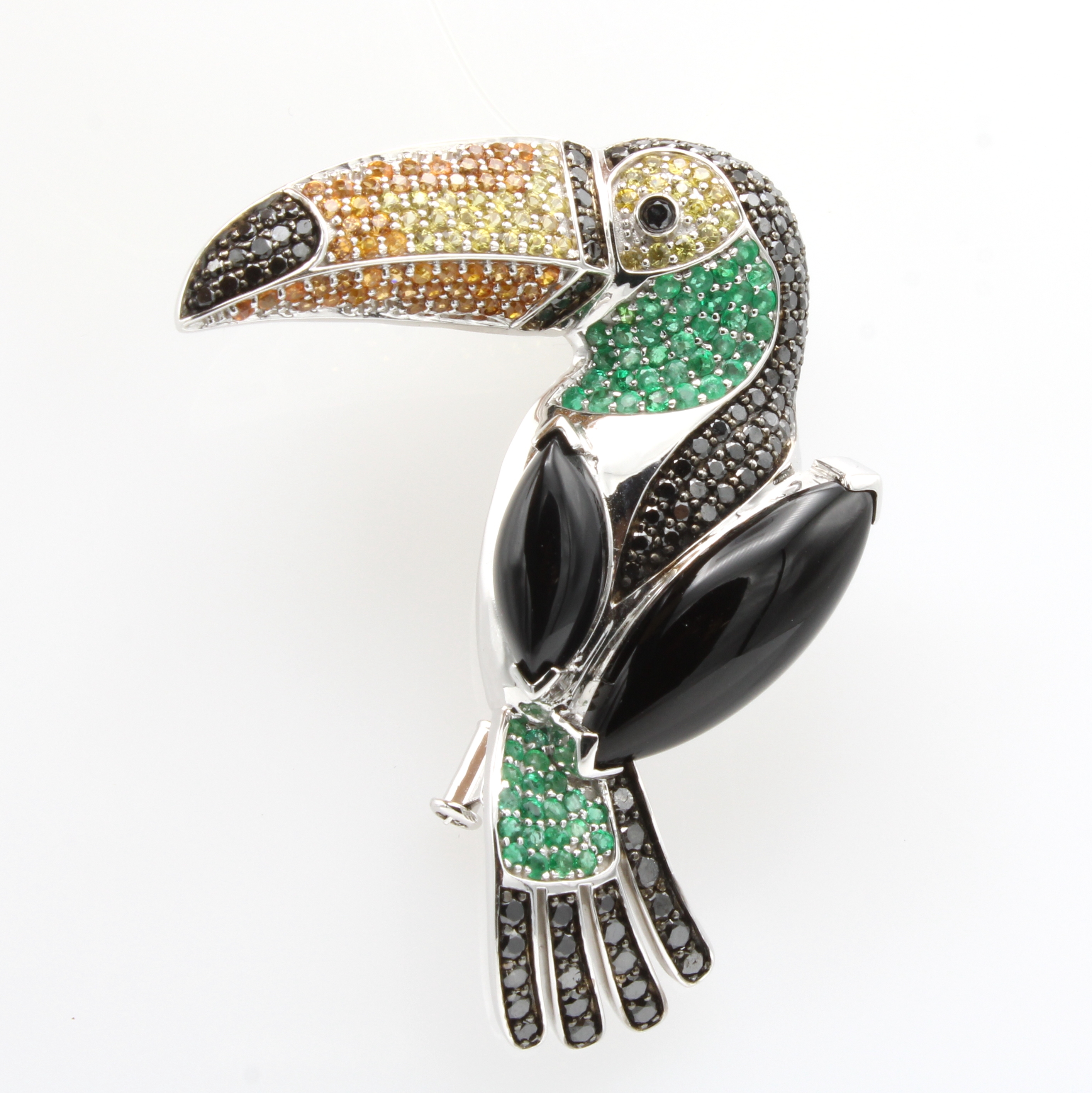 Image 27091539 - Anhänger/Brosche ´Tukan´ mit Farbsteinen und Diamanten, WG 750/000, 2 Onyxe zus. ca. ...