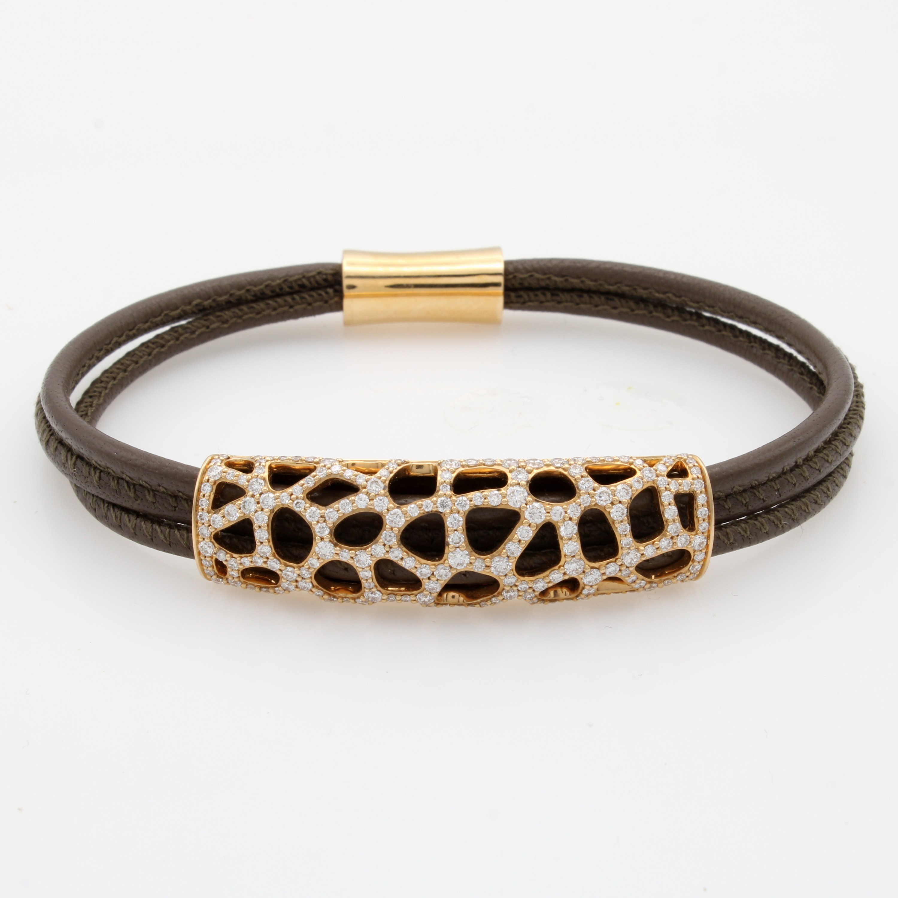 Image 27091558 - 3-reihiges Lederarmband mit Brillanten, RG 750/000, braunes Leder, ornamentreiches Gold- ...