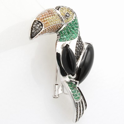 27091539b - Anhänger/Brosche ´Tukan´ mit Farbsteinen und Diamanten, WG 750/000, 2 Onyxe zus. ca. ...