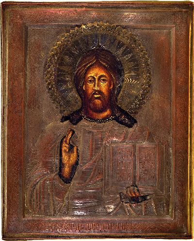 27091920k - Pantokrator-Ikone, Russland, Ende 19.Jh., Tempera auf Holz, Metall-Oklad versilbert, ...
