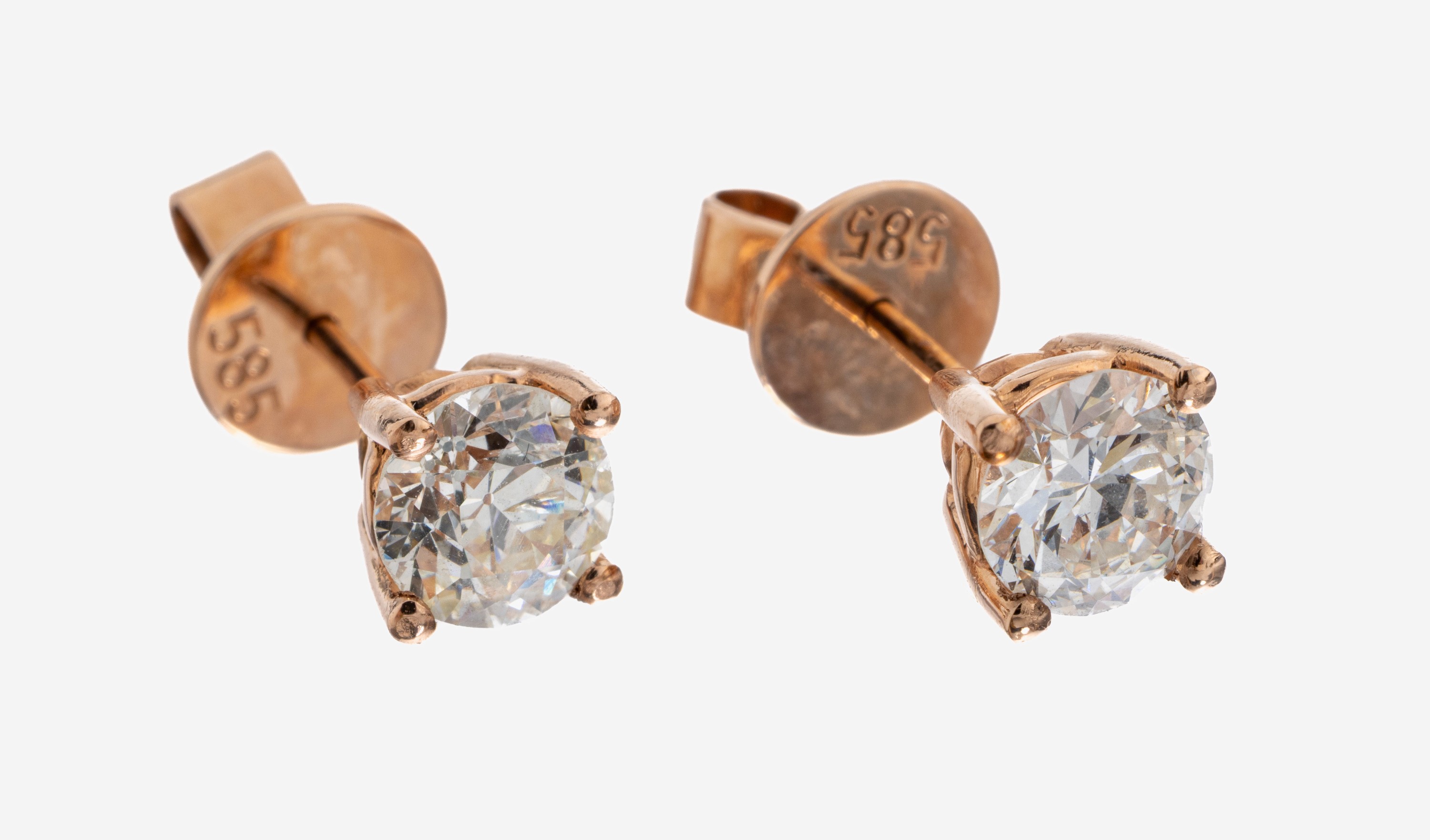 Image 27092630 - Paar 14 kt Gold Diamant-Ohrstecker, RoseG 585/000, 1 Brillant und 1 Altschliffdiamant ...