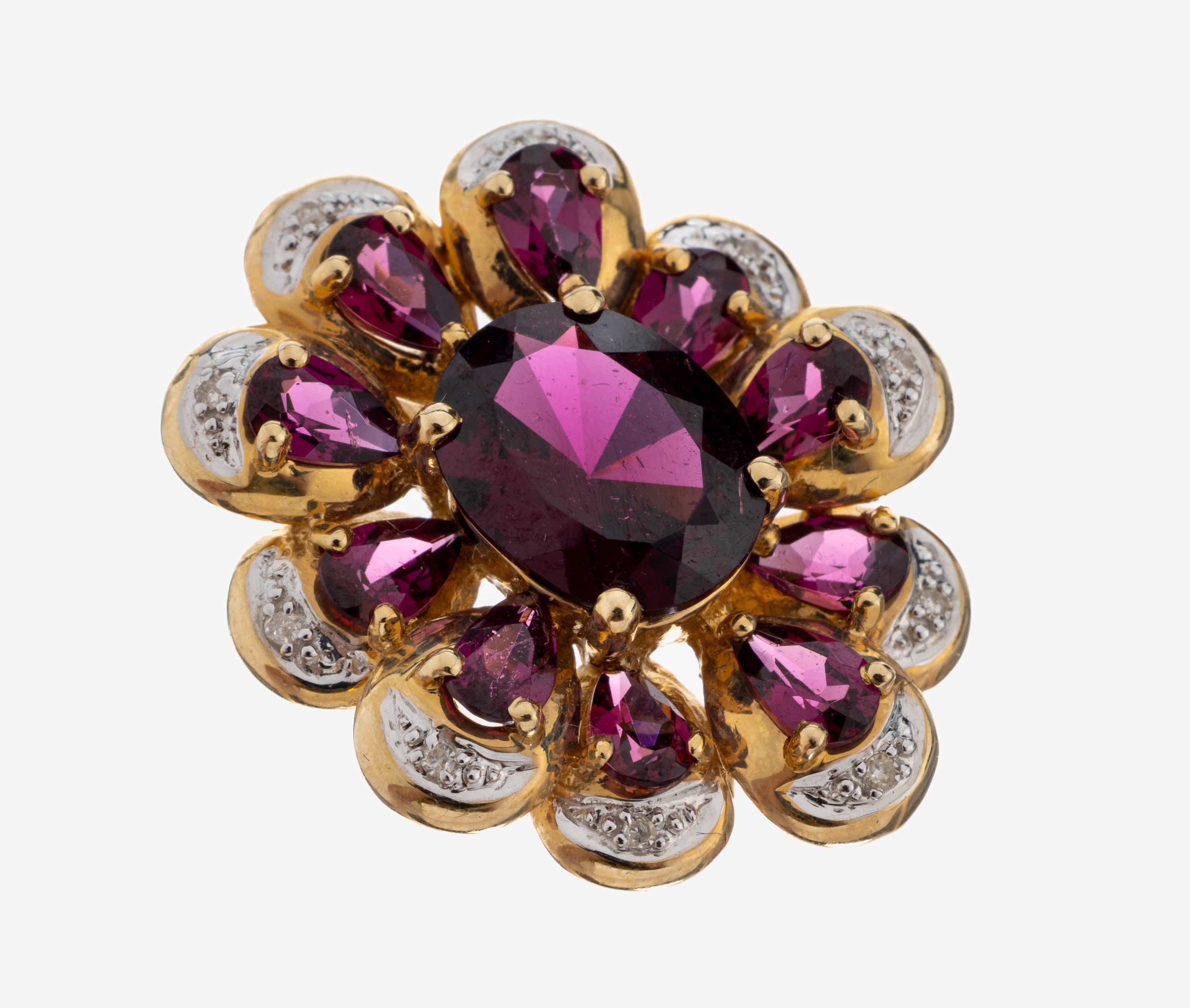 Image 27092684 - 14 kt Gold Granat-Diamant-Clipanhänger, GG 585/000, 1 ovalfacett. und 10 tropfenf. ...