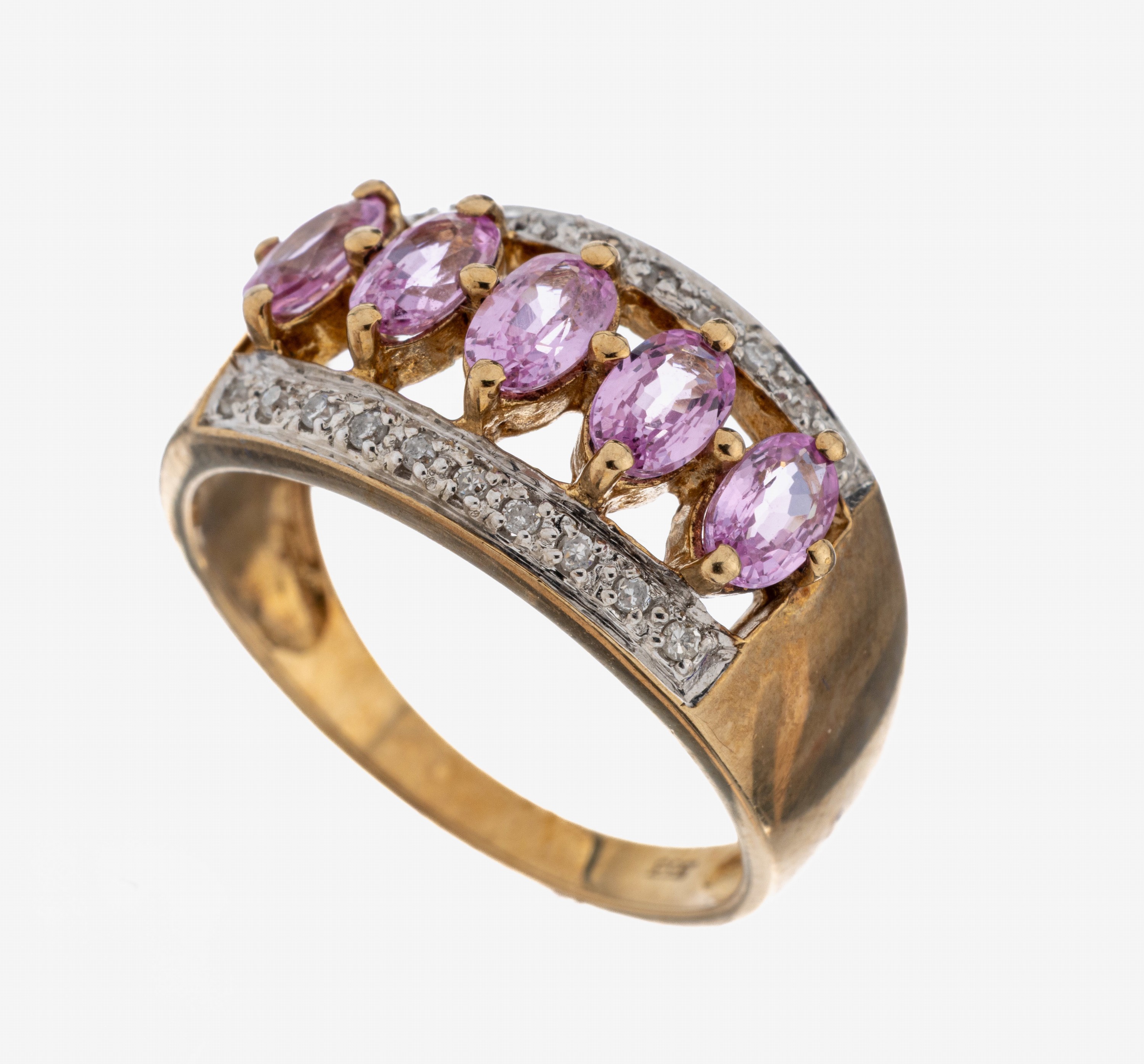 Image 27092729 - 8 kt Gold Saphir-Diamant-Ring, GG 333/000, 5 ovalfacett. Pinksaphire zus. ca. 0.60 ct, ...