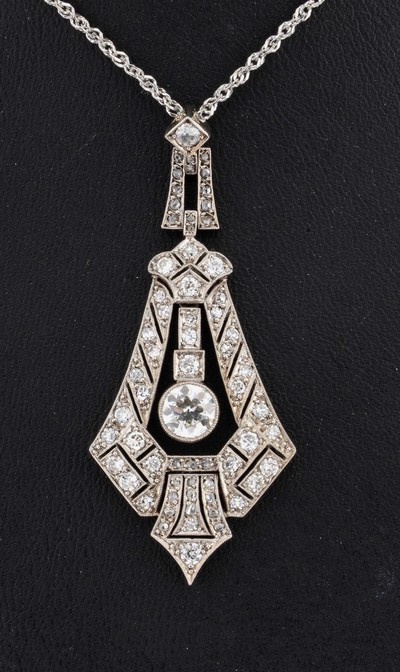 27092718a - 18 kt Gold Art Deco Diamant-Anhänger, um 1920, WG 750/000, feines geometrisches Design, ...