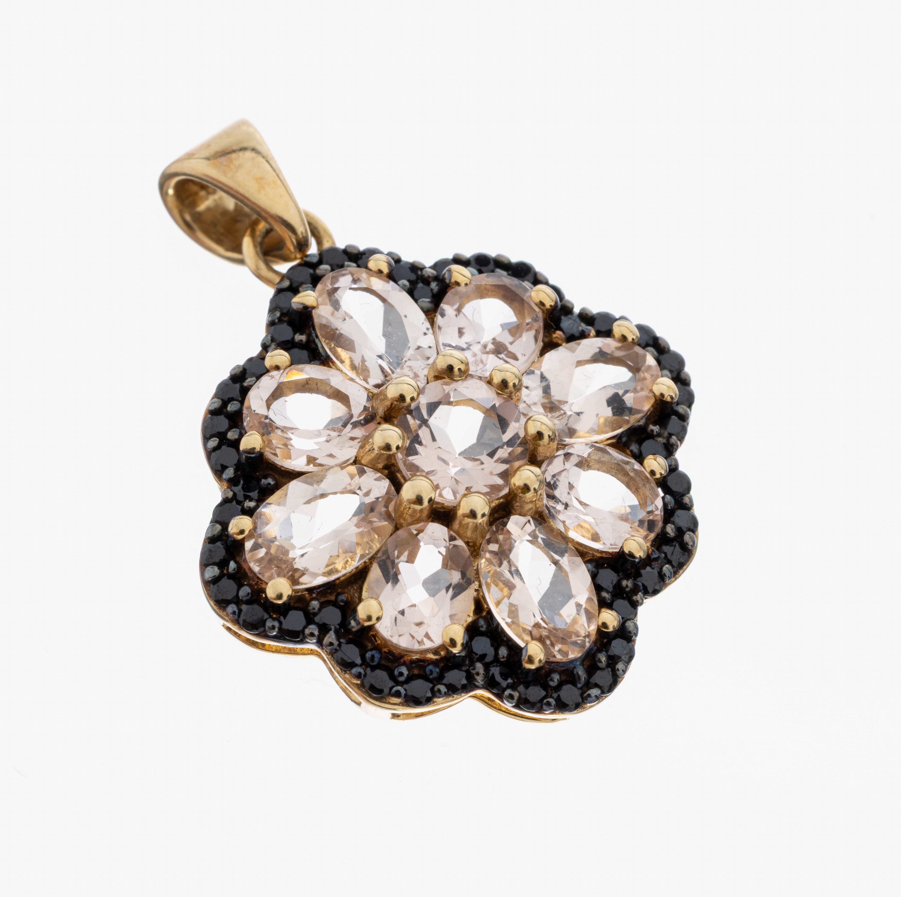 Image 27092810 - 9 kt Gold Morganit-Diamant-Anhänger, GG 375/000, florale Gestaltung, 9 facett. ...