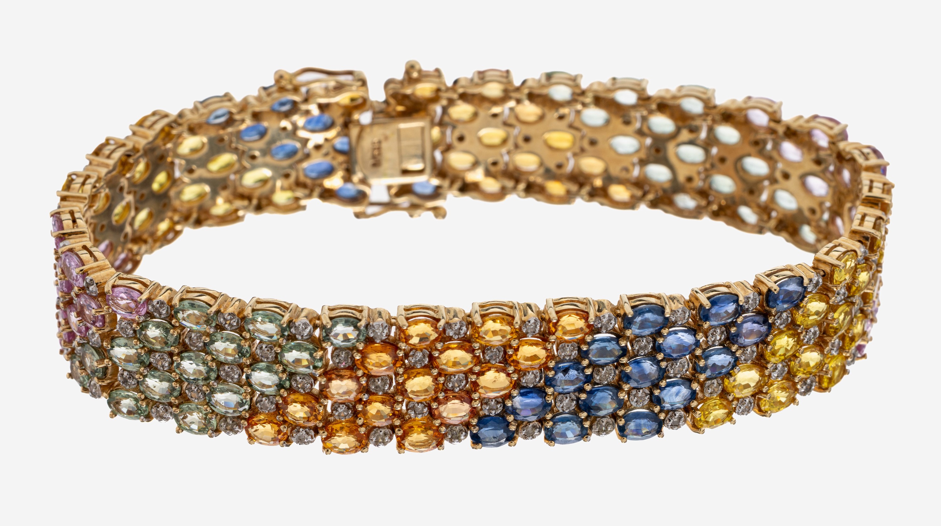 Detail a: 14 kt Gold Saphir-Diamant-Armband, GG 585/000, ovalfacett. Saphire in versch. Farbenzus. ca. 30.0 ct, 8/8-Diamanten zus. ca. 0.60 ct Weiß/si-p, L. ...