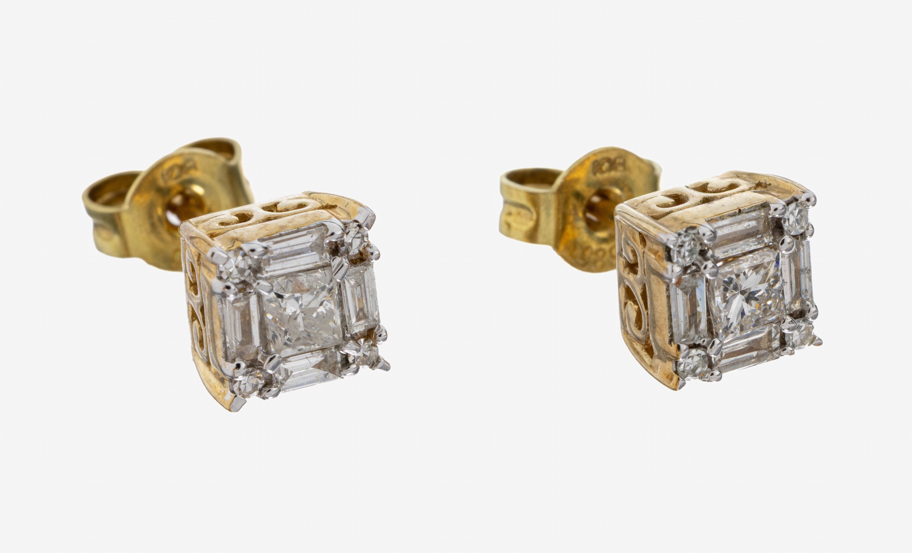 Image 27092920 - Paar 14 kt Gold Diamant-Ohrstecker, GG/WG 585/000, Brillanten und Diamantbaguettes und ...