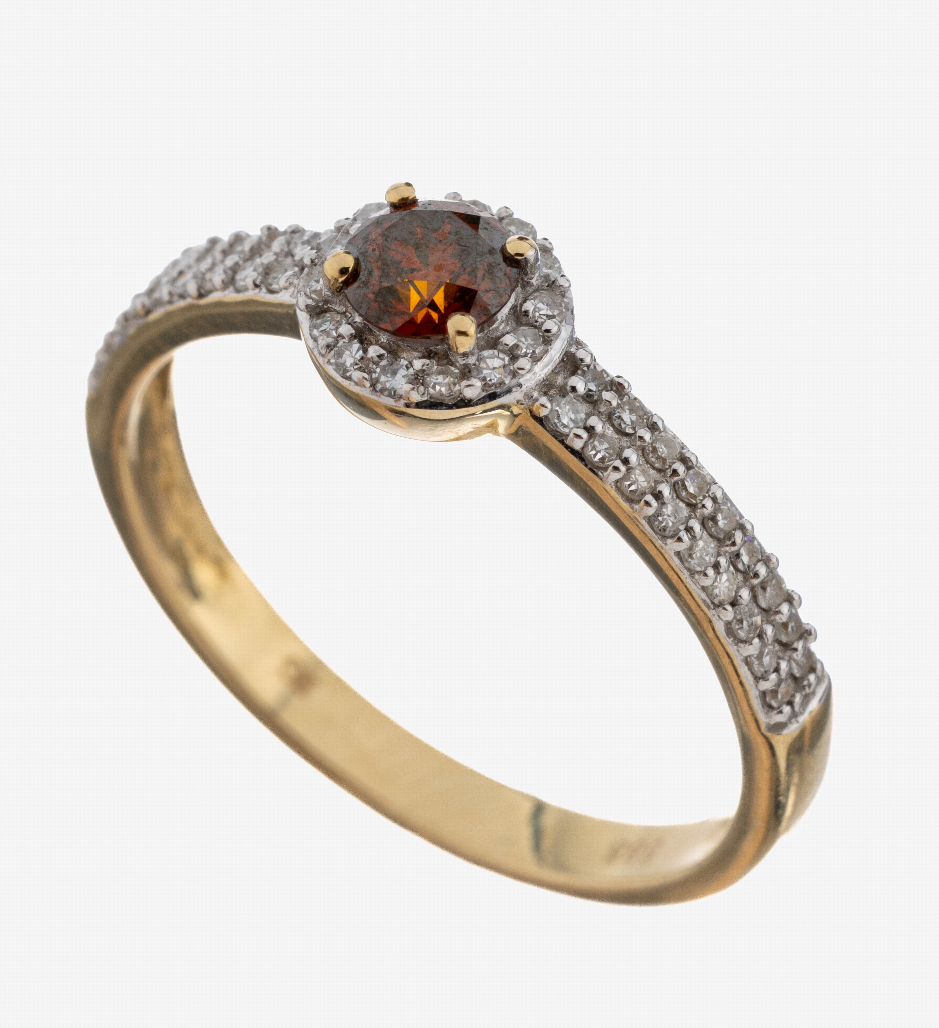 Image 27093180 - 14 kt Gold Diamant-Ring, GG 585/000, mittigBrillant rot-braun (beh.) ca. 0.30 ct, 8/8- ...