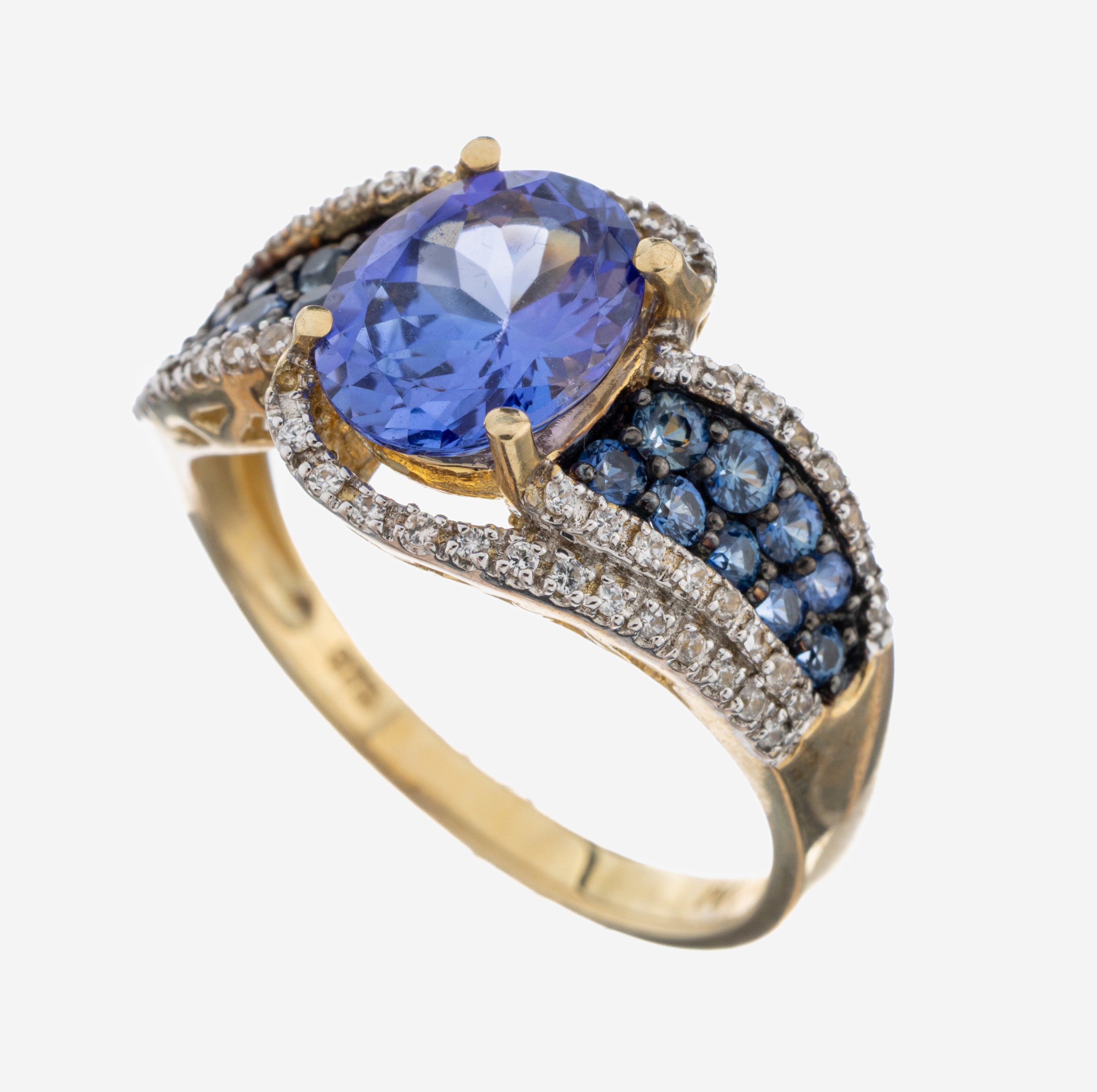 Image 27093200 - 9 kt Gold Tansanit-Saphir-Brillant-Ring, GG375/000, mittig ovalfacett. Tansanit ca. 2.0 ...