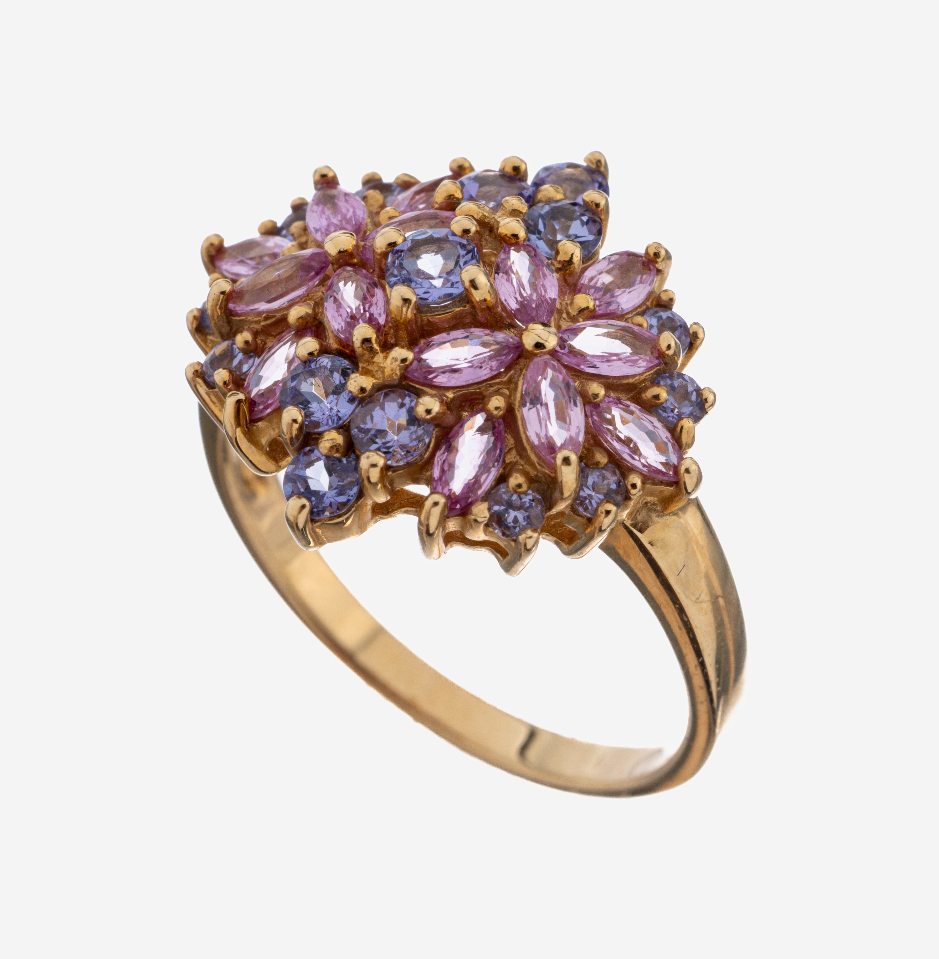 Image 27093254 - 14 kt Gold Saphir-Ring, GG 585/000, floraleGestaltung, facett. Saphiren in Blau und ...