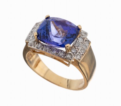 Image 14 kt Gold Tansanit-Brillant-Ring, GG 585/000, mittig erhaben gefasster Tansanit im ...