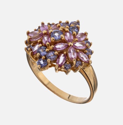 Image 14 kt Gold Saphir-Ring, GG 585/000, floraleGestaltung, facett. Saphiren in Blau und ...