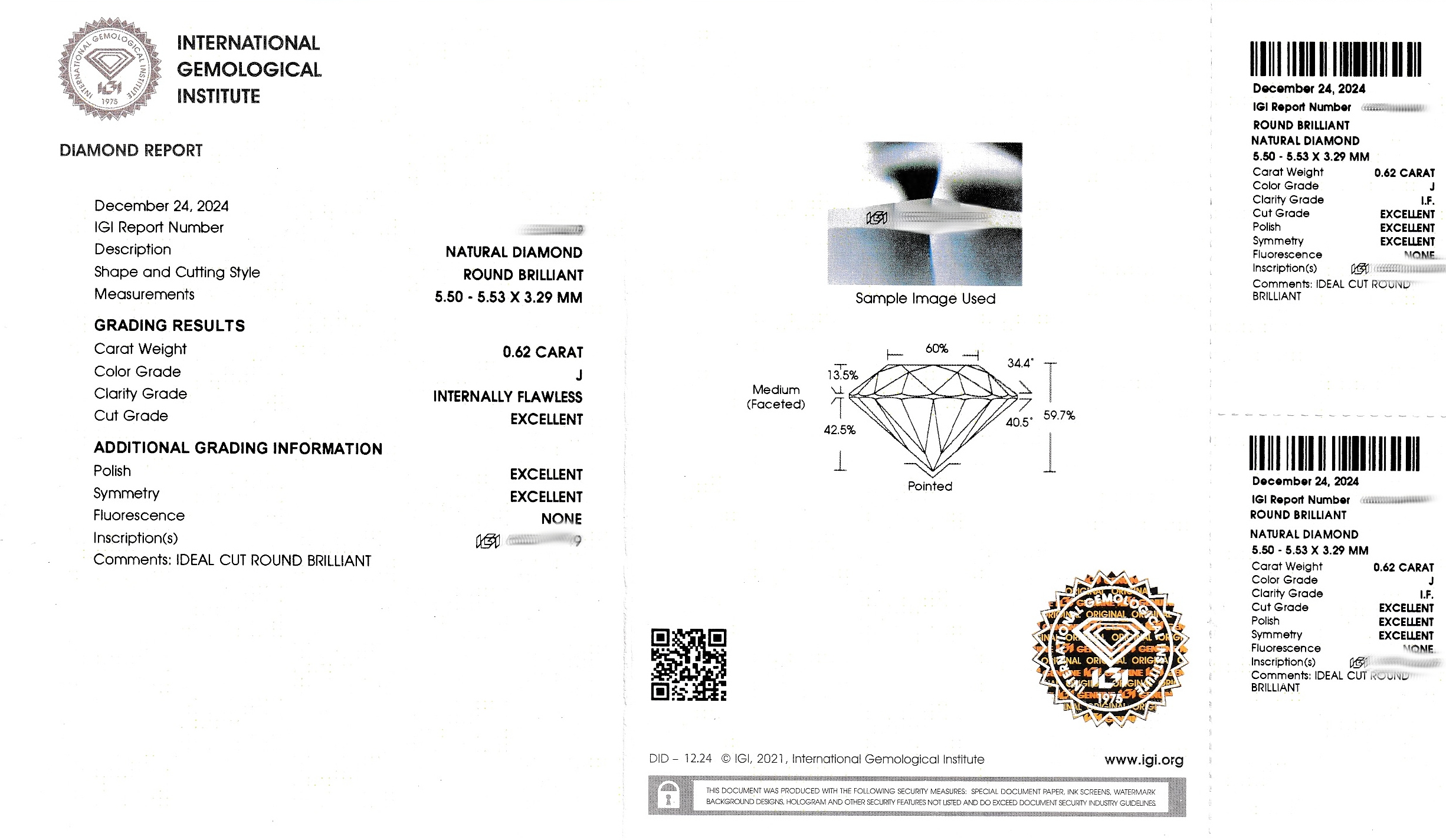 Detail d: Loser Brillant, 0.62 ct l.get.Weiß (J)/lupenrein, eingeschweißt, IGI Expertise anbei