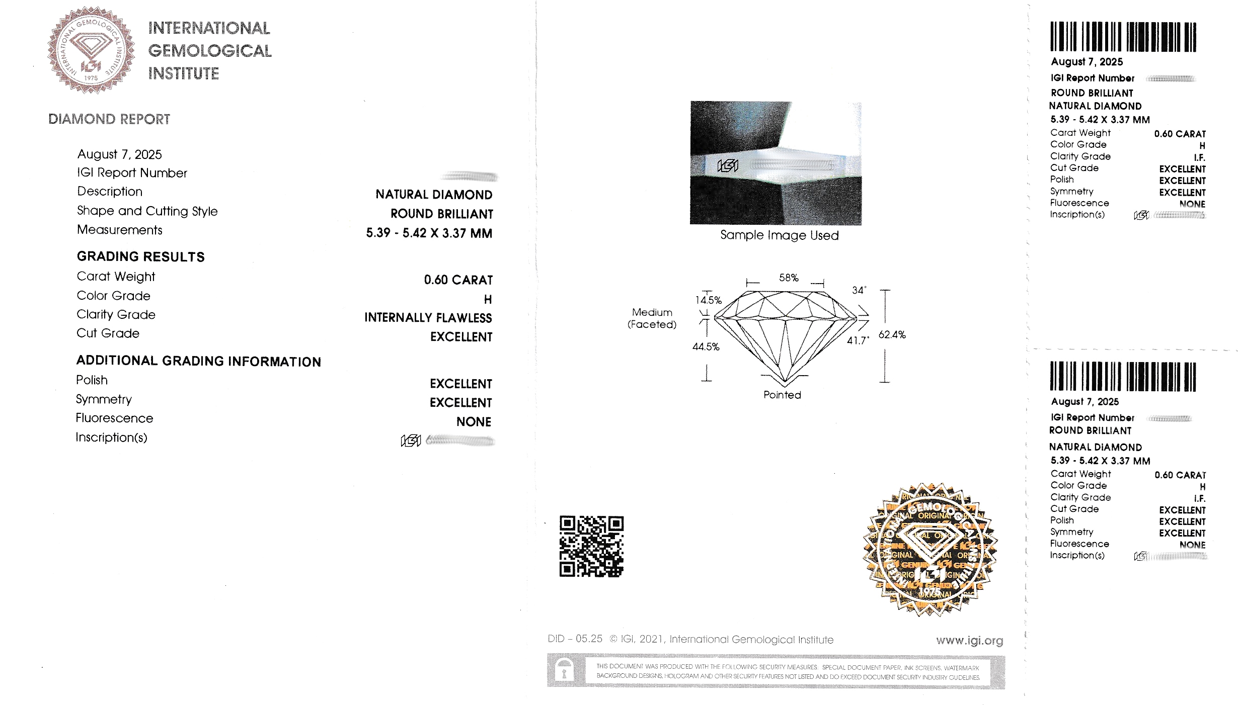 Detail d: Loser Brillant, 0.60 ct Weiß(H)/lupenrein, eingeschweißt, IGI Expertise anbei