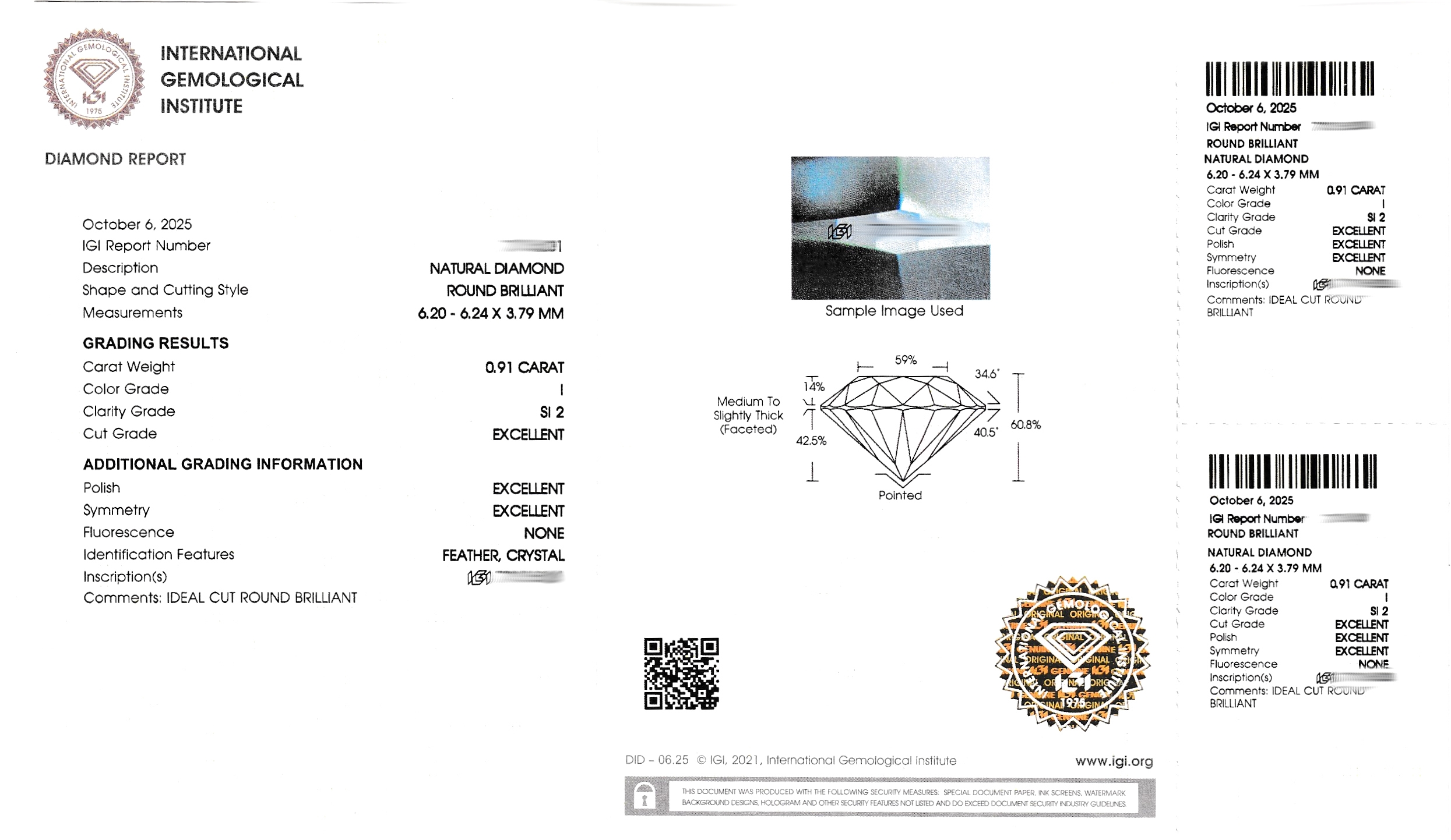 Detail d: Loser Brillant, 0.91 ct l.get.Weiß(I)/si2, eingeschweißt, IGI Expertise anbei
