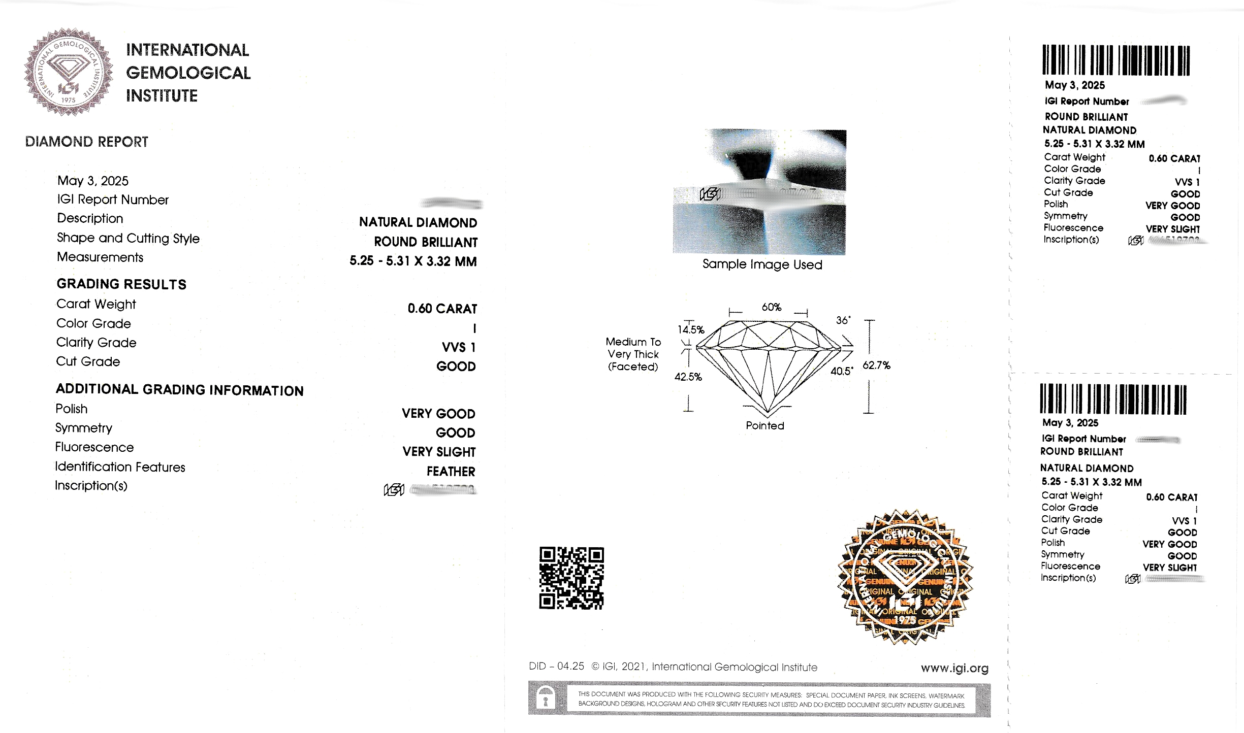 Detail d: Loser Brillant, 0.60 ct l.get.Weiß(I)/vvs1, eingeschweißt, IGI Expertise anbei