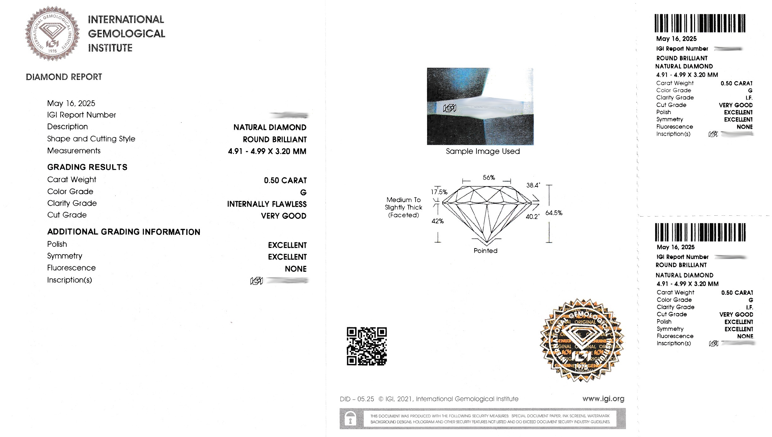 Detail d: Loser Brillant, 0.50 ct feines Weiß (G)/lupenrein, eingeschweißt, IGI Expertise anbei