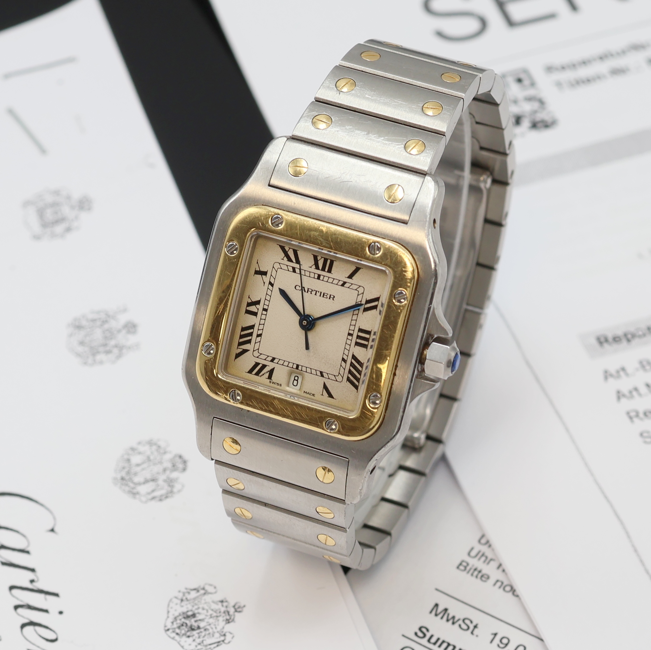 Detail a: CARTIER Santos Armbanduhr Referenz 187901, Schweiz um 1995, quarz, Edelstahl/Gold komb. inkl. orig. Gliederband m. dopp. Faltschl., Schmuckkrone, ...