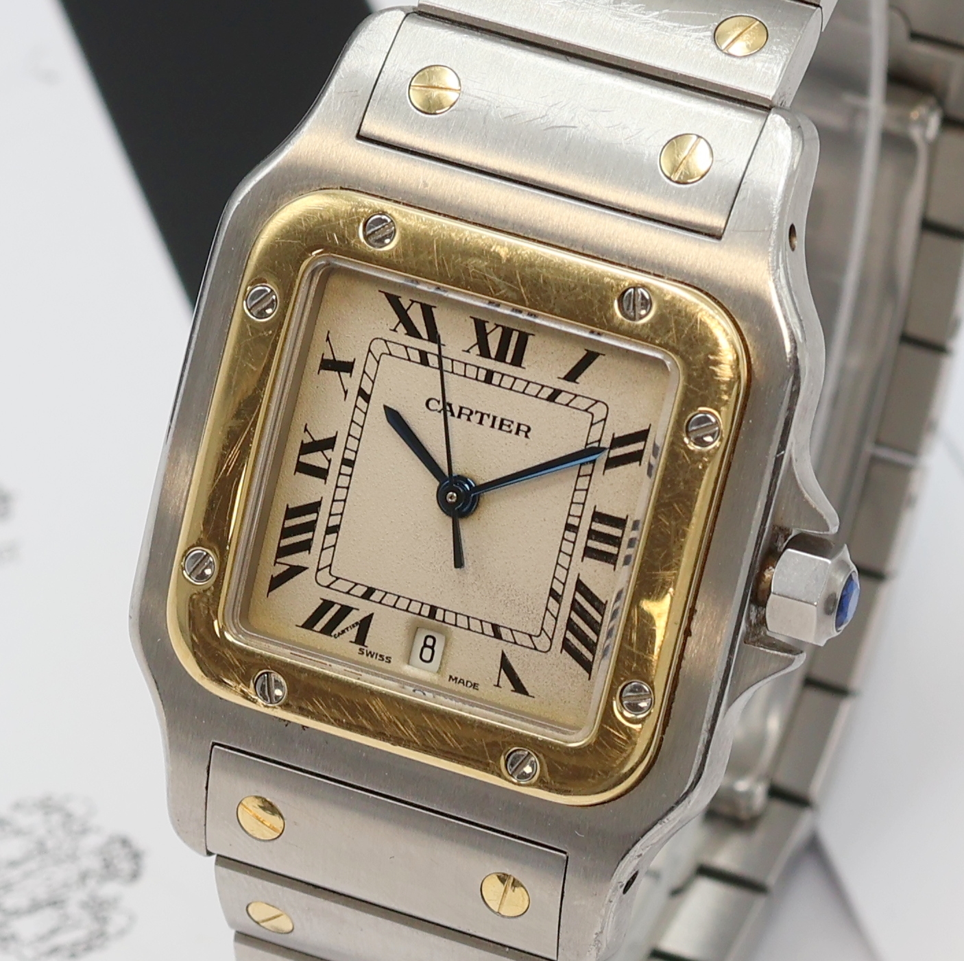 Detail b: CARTIER Santos Armbanduhr Referenz 187901, Schweiz um 1995, quarz, Edelstahl/Gold komb. inkl. orig. Gliederband m. dopp. Faltschl., Schmuckkrone, ...