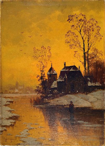 27095069k - Unbekannter Künstler, wohl Niederlande, um 1900, Abendstimmung über verschneiter ...