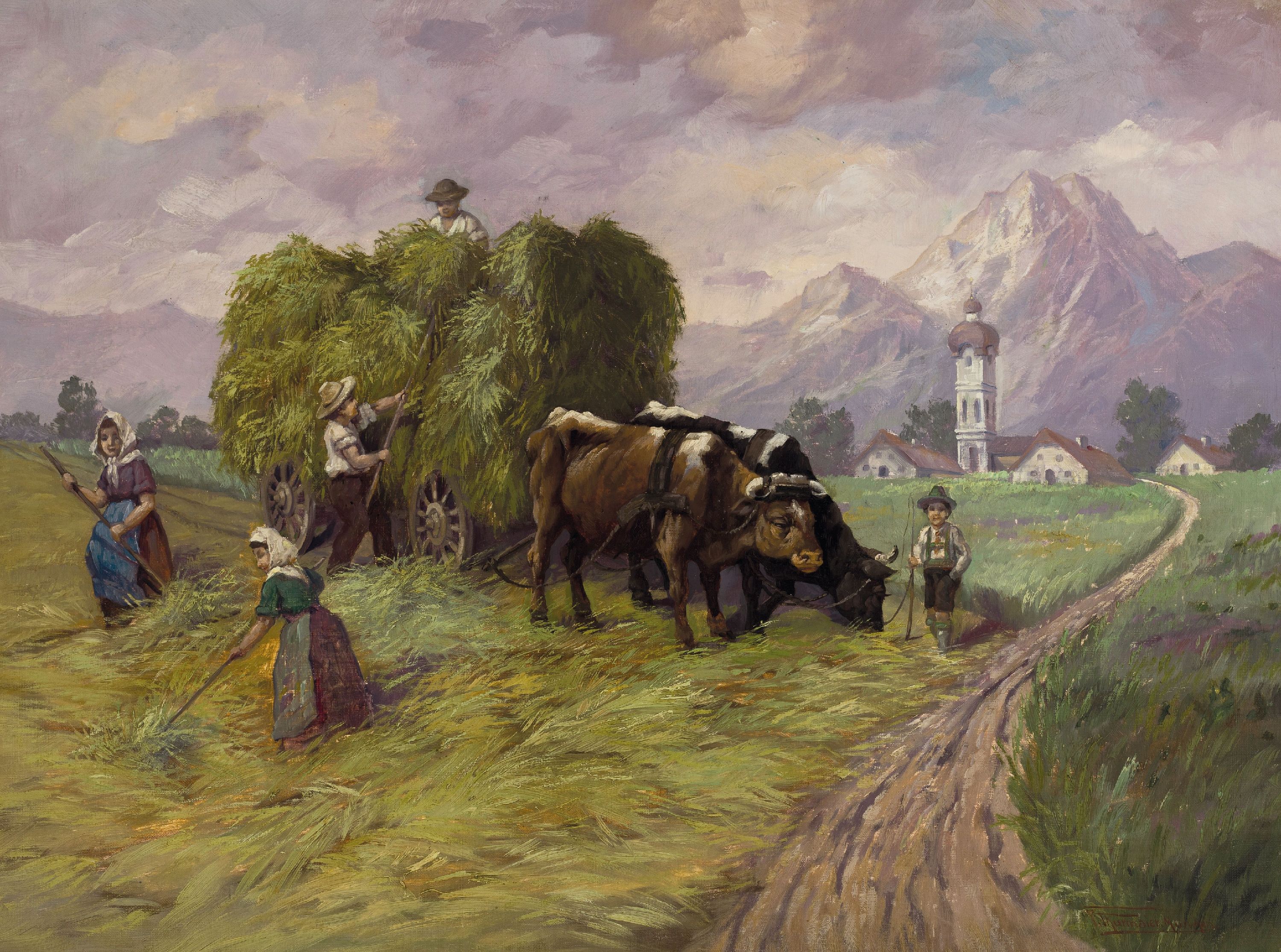 Image 27095384 - F. Thurmaier, München, 1.H.20.Jh., Heuernte im Vorgebirge, Öl/Lwd, rechts unten ...