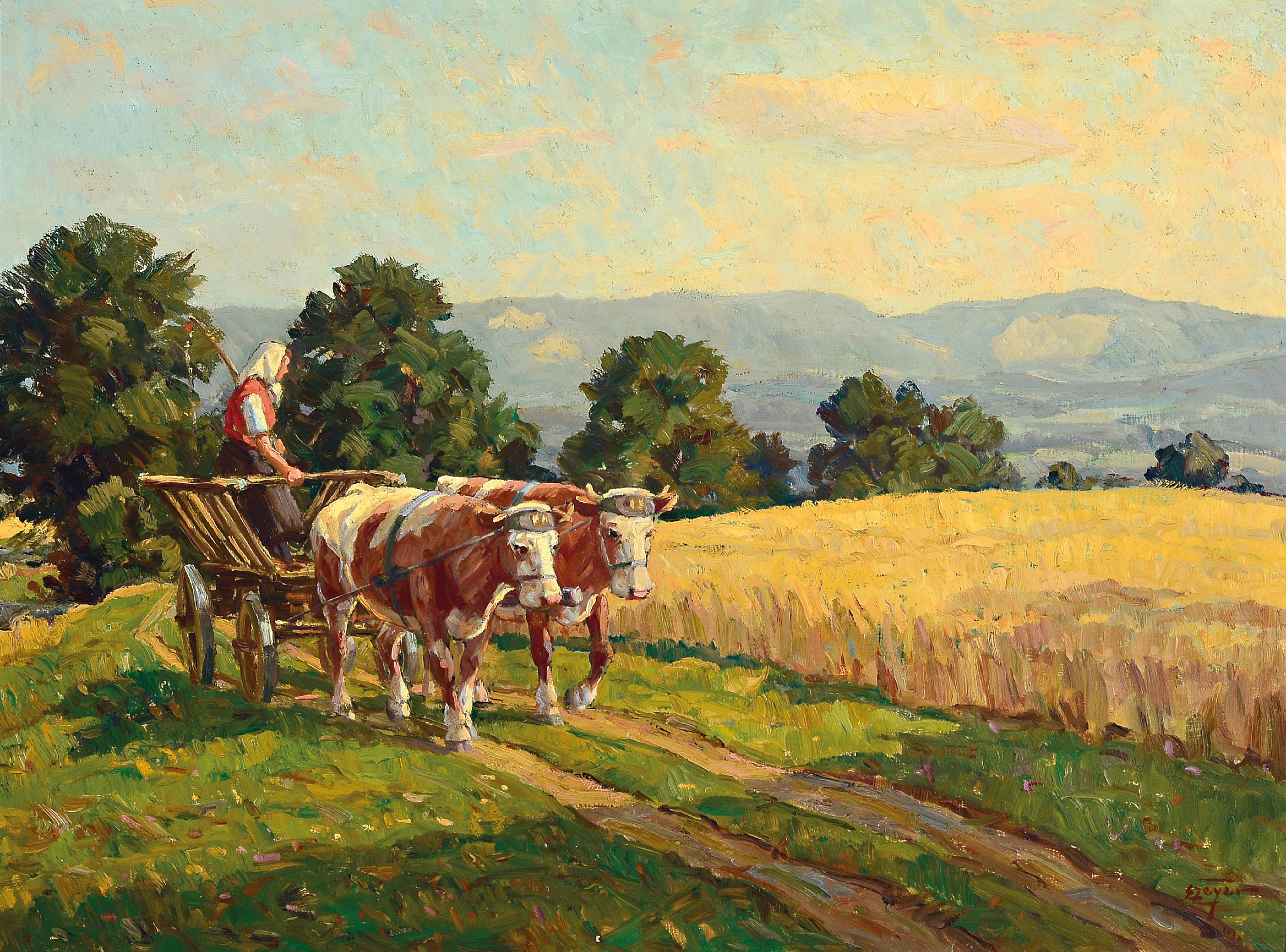 Image 27095385 - Erich Zeyer, 1903 Stuttgart - 1960, Bäuerin mit Ochsenfuhrwerk am Feldrand, rückseitig ...